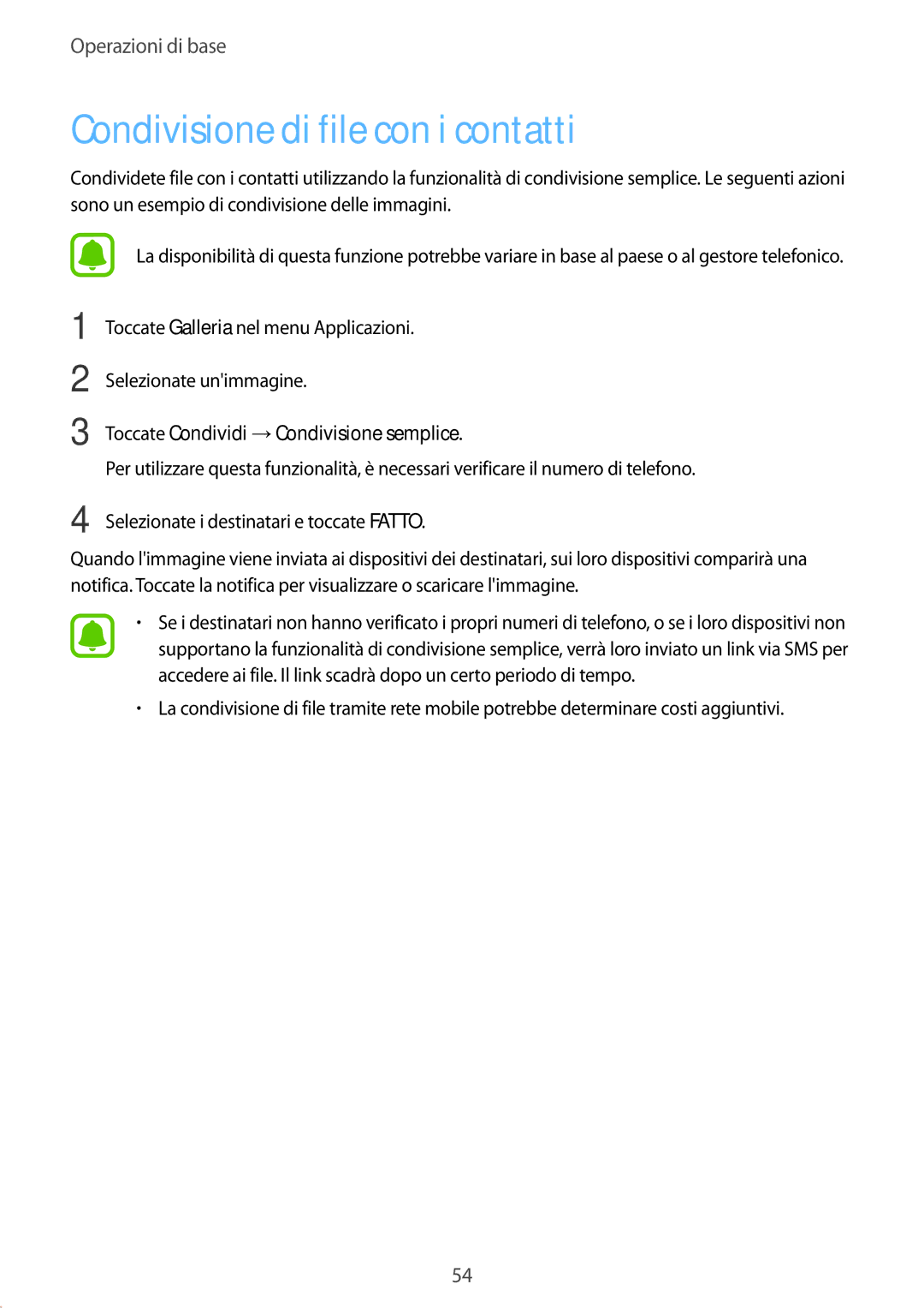 Samsung SM-G928FZDAITV, SM-G928FZSEITV manual Condivisione di file con i contatti, Toccate Condividi →Condivisione semplice 