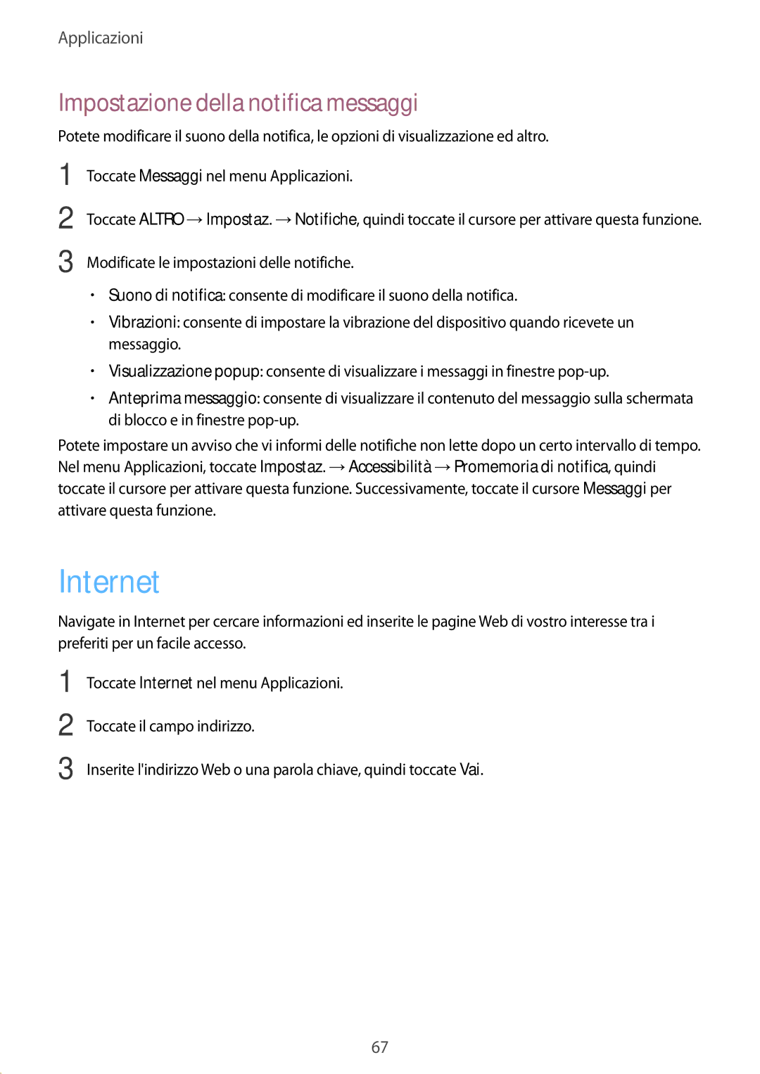 Samsung SM-G928FZSEITV, SM-G928FZDAITV, SM-G928FZKEITV, SM-G928FZDEITV manual Internet, Impostazione della notifica messaggi 