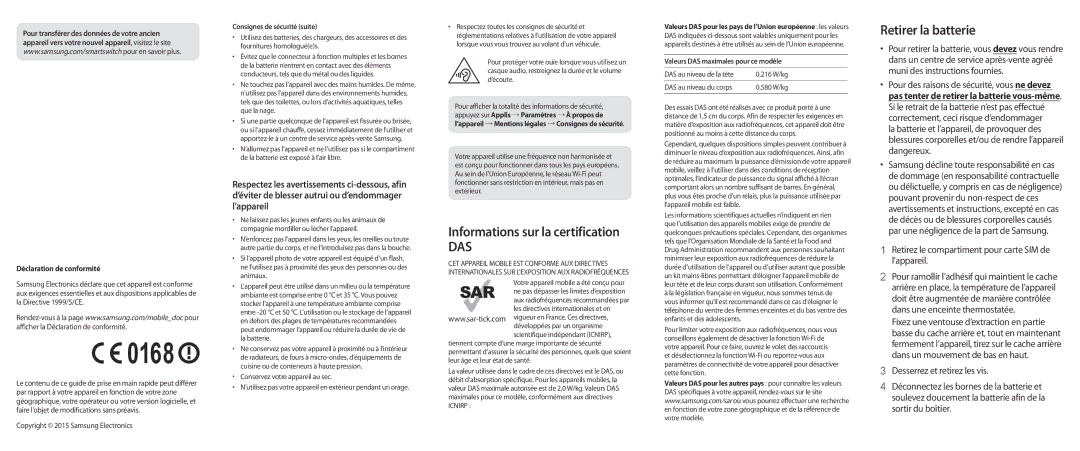 Samsung SM-G928FZDAXEF, SM-G928FZKAXEF Informations sur la certification, Retirer la batterie, Déclaration de conformité 