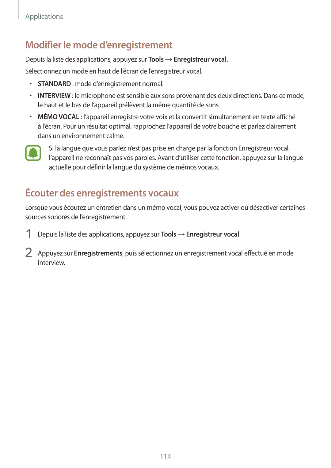 Samsung SM-G928FZDAXEF, SM-G928FZKAXEF manual Modifier le mode d’enregistrement, Écouter des enregistrements vocaux 