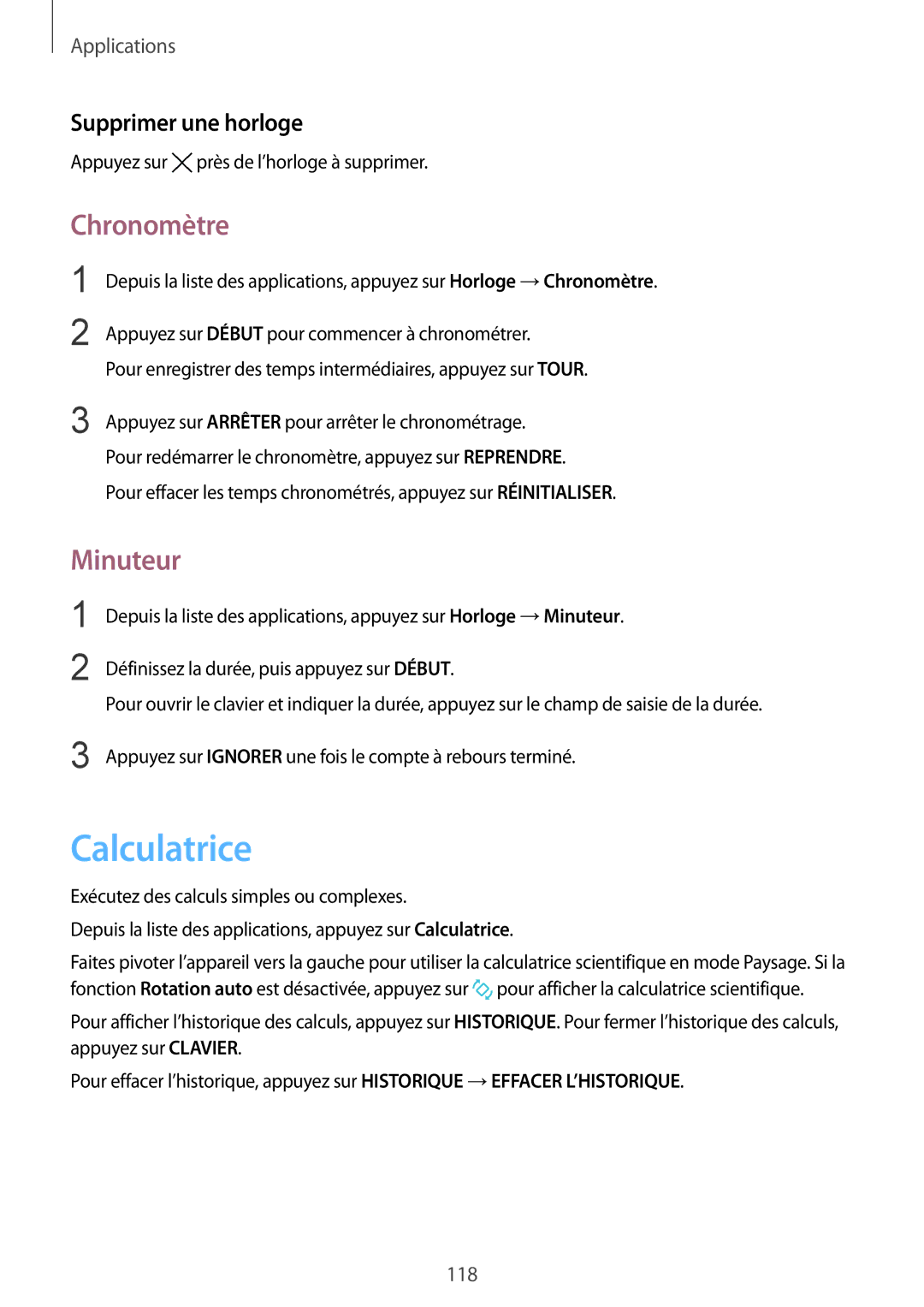 Samsung SM-G928FZDAXEF, SM-G928FZKAXEF manual Calculatrice, Chronomètre, Minuteur, Supprimer une horloge 