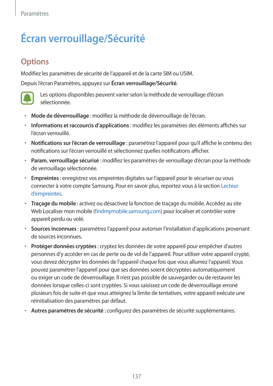 Samsung SM-G928FZKAXEF, SM-G928FZDAXEF manual Écran verrouillage/Sécurité, Options 