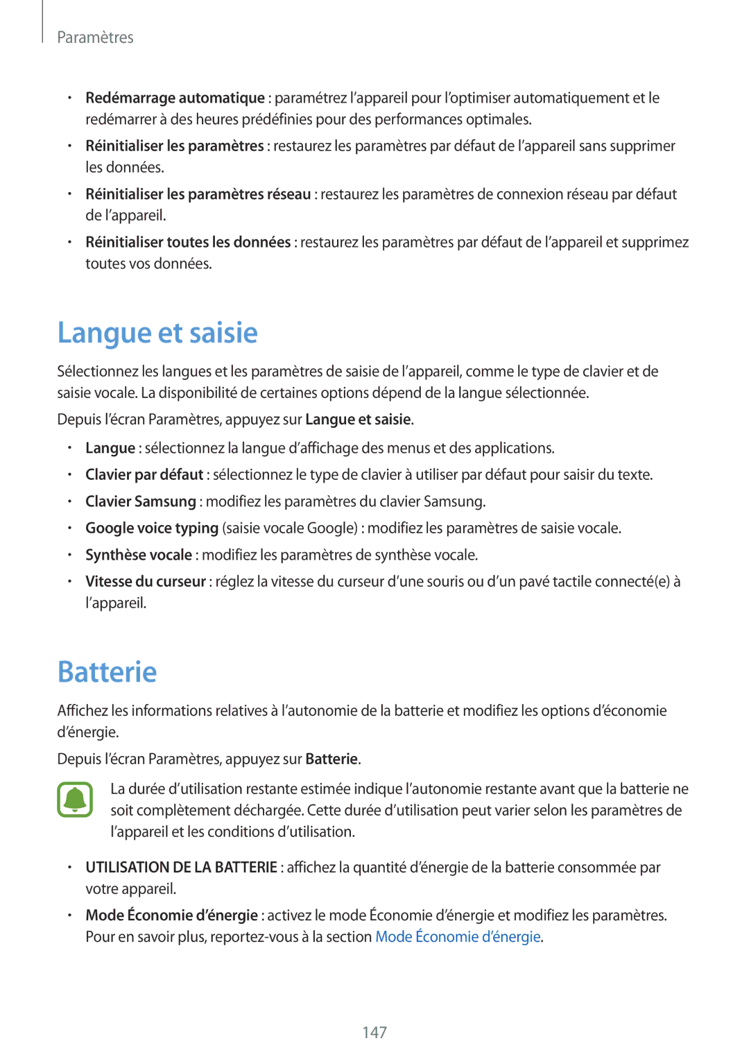 Samsung SM-G928FZKAXEF, SM-G928FZDAXEF manual Langue et saisie, Batterie 