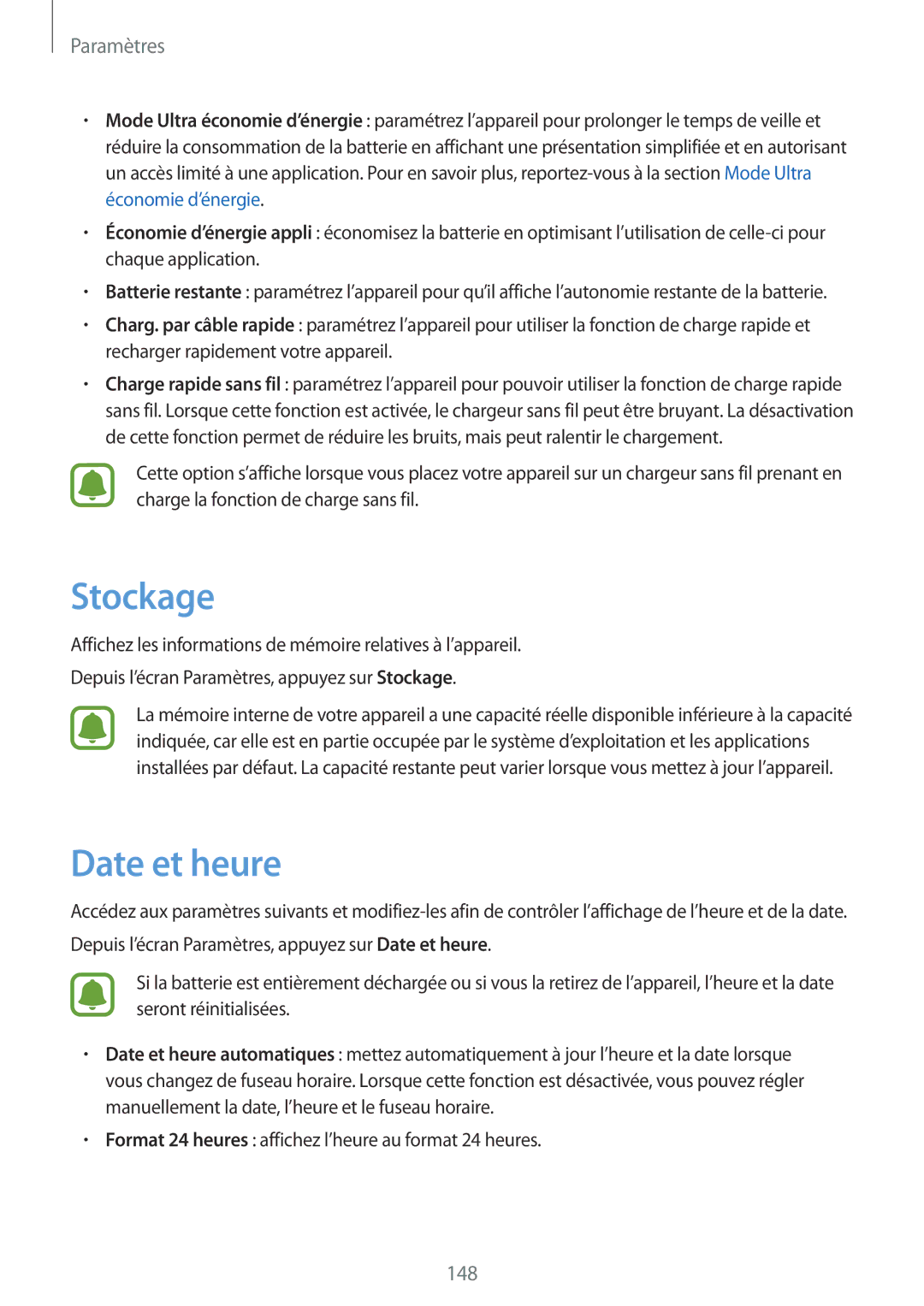 Samsung SM-G928FZDAXEF, SM-G928FZKAXEF manual Stockage, Date et heure 