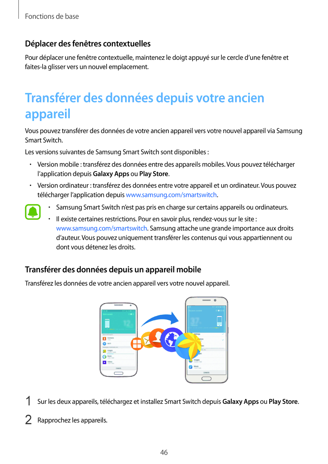 Samsung SM-G928FZDAXEF manual Transférer des données depuis votre ancien appareil, Déplacer des fenêtres contextuelles 