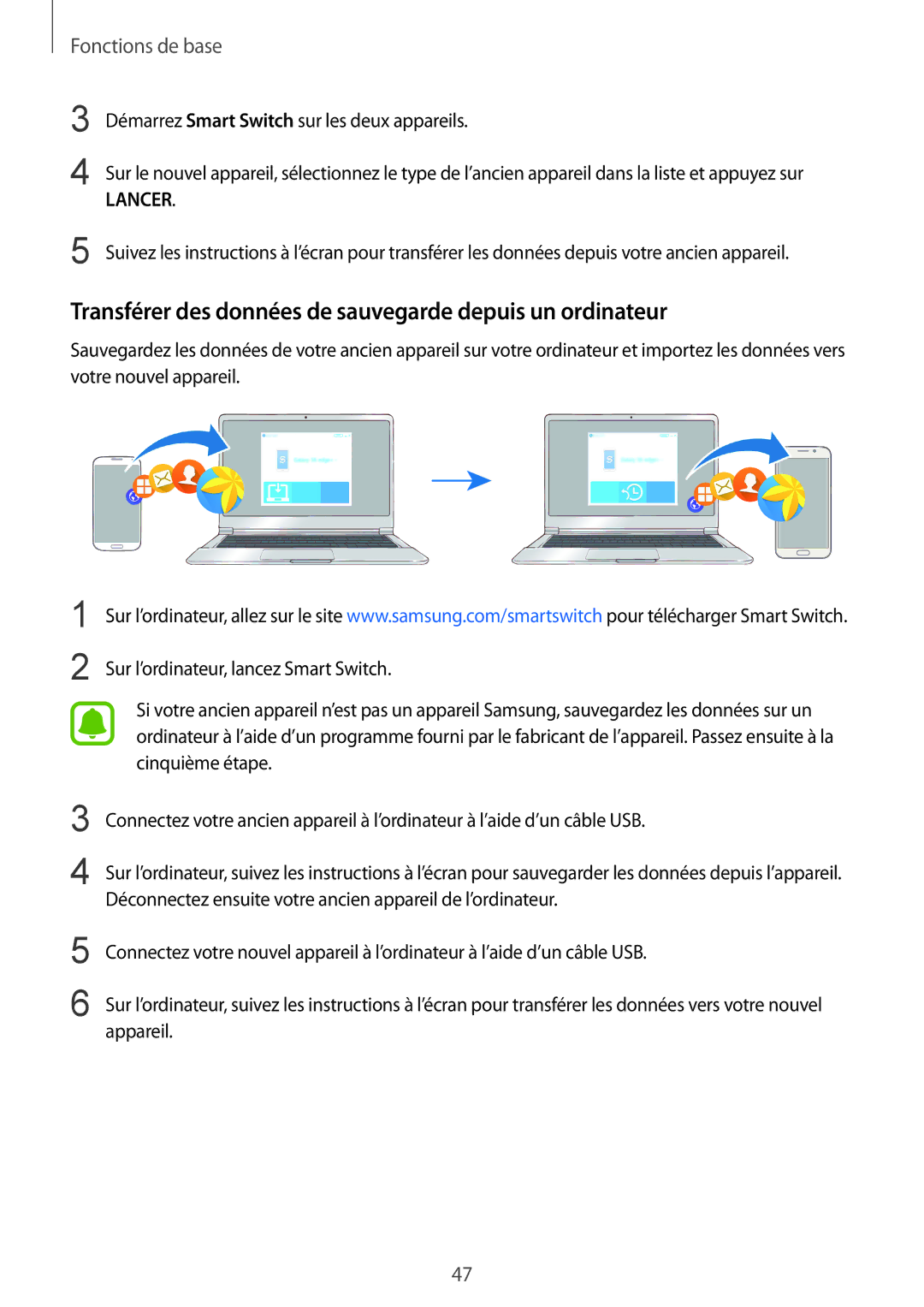 Samsung SM-G928FZKAXEF, SM-G928FZDAXEF manual Transférer des données de sauvegarde depuis un ordinateur, Lancer 