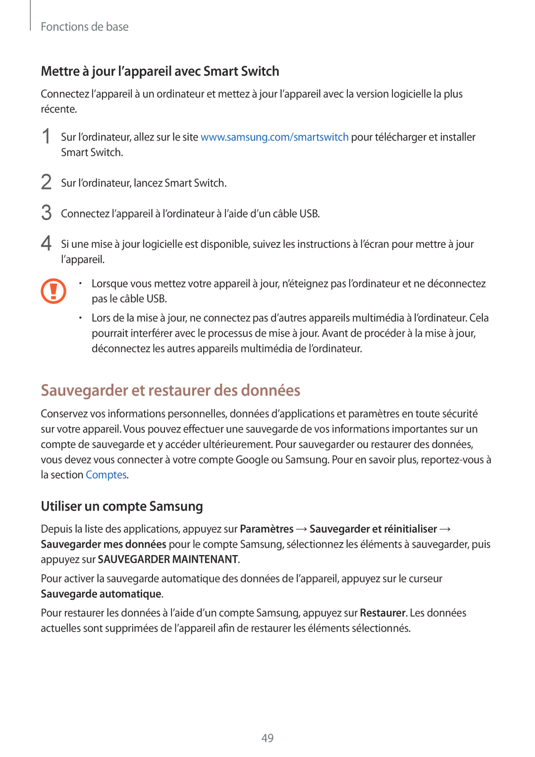 Samsung SM-G928FZKAXEF, SM-G928FZDAXEF Sauvegarder et restaurer des données, Mettre à jour l’appareil avec Smart Switch 