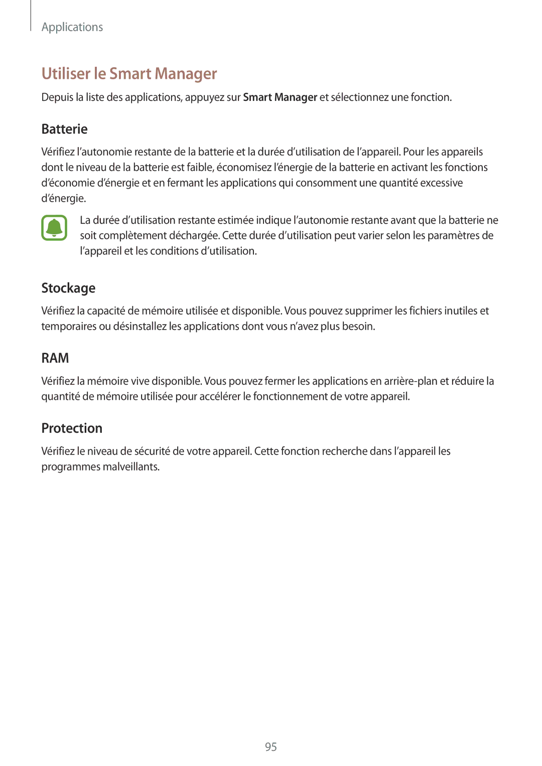 Samsung SM-G928FZKAXEF, SM-G928FZDAXEF manual Utiliser le Smart Manager, Batterie, Stockage, Protection 