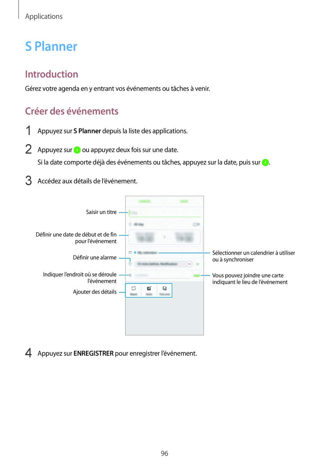 Samsung SM-G928FZDAXEF, SM-G928FZKAXEF manual Planner, Créer des événements 