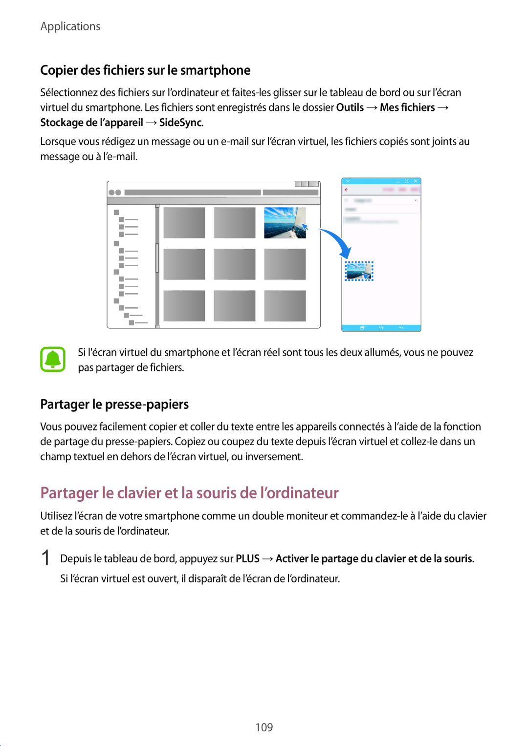 Samsung SM-G928FZKAXEF manual Partager le clavier et la souris de l’ordinateur, Copier des fichiers sur le smartphone 