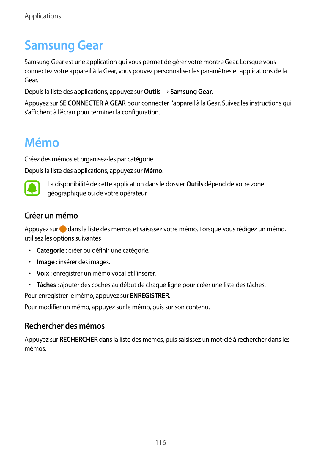 Samsung SM-G928FZDAXEF, SM-G928FZKAXEF manual Samsung Gear, Mémo, Créer un mémo, Rechercher des mémos 