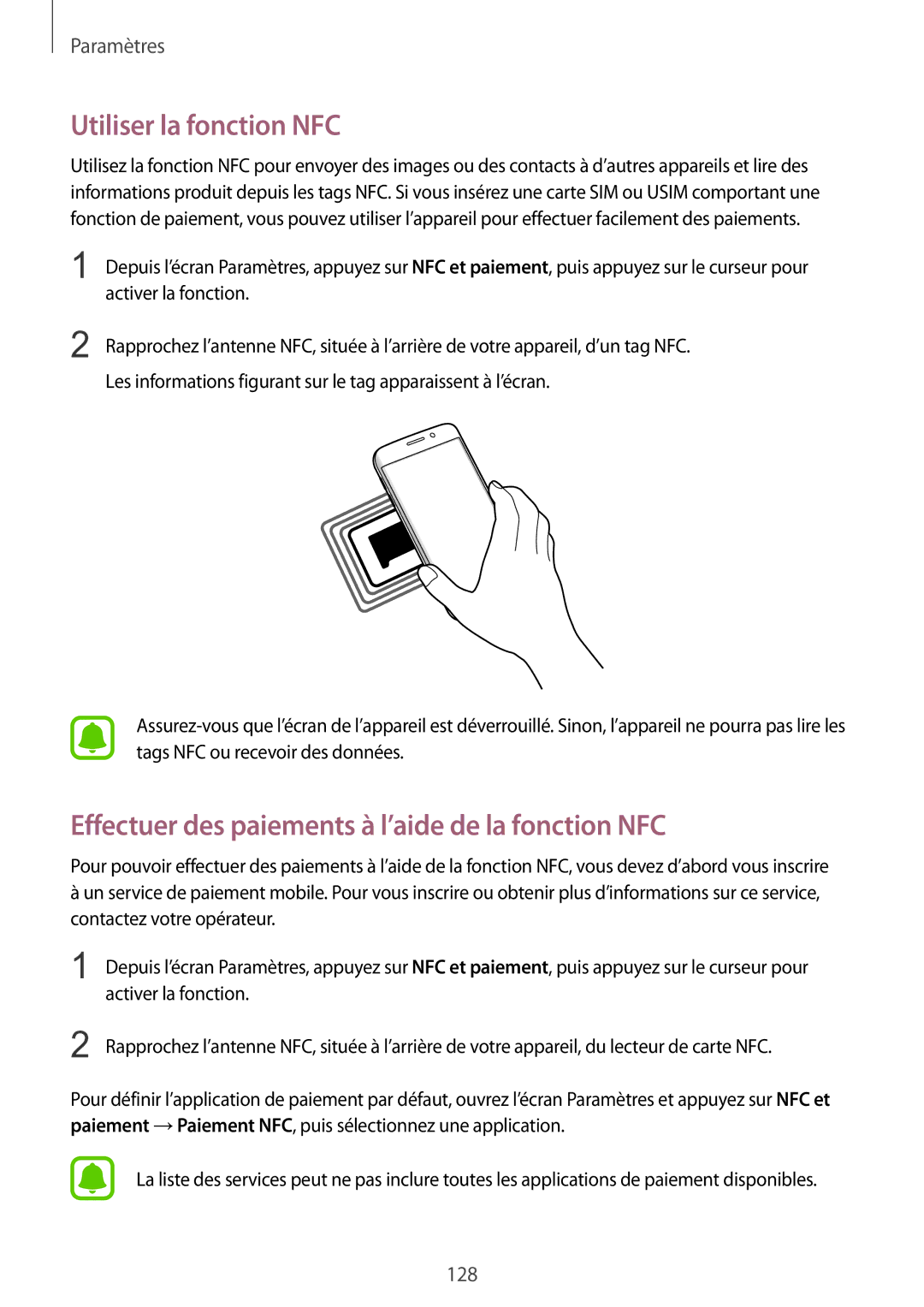 Samsung SM-G928FZDAXEF, SM-G928FZKAXEF manual Utiliser la fonction NFC, Effectuer des paiements à l’aide de la fonction NFC 