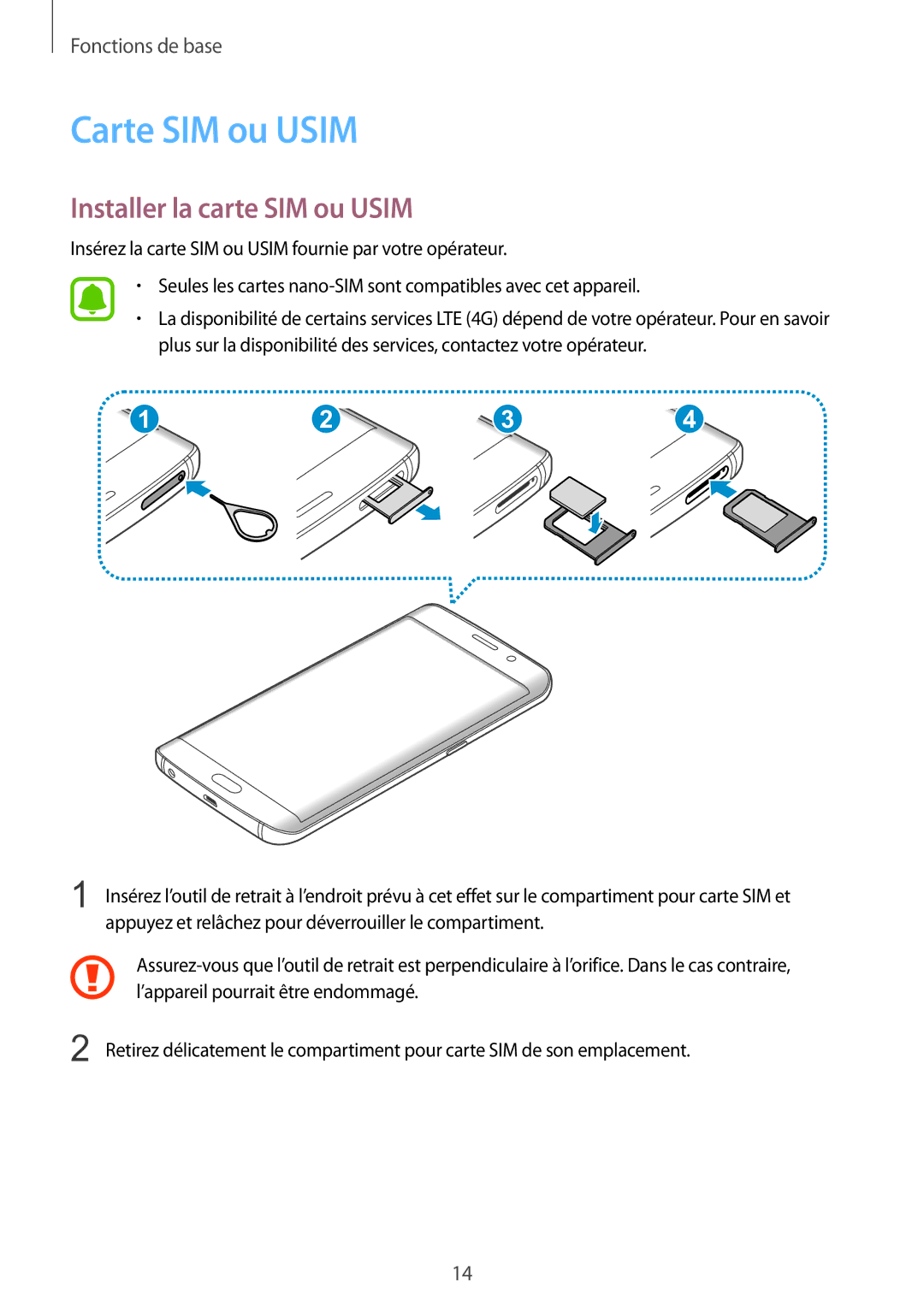 Samsung SM-G928FZDAXEF, SM-G928FZKAXEF manual Carte SIM ou Usim, Installer la carte SIM ou Usim 