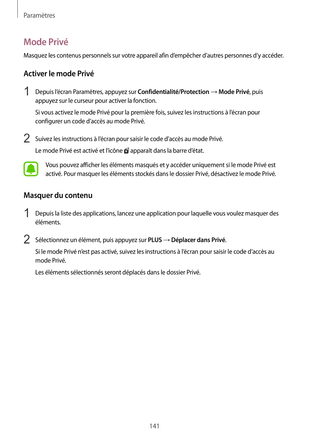 Samsung SM-G928FZKAXEF, SM-G928FZDAXEF manual Mode Privé, Activer le mode Privé, Masquer du contenu 