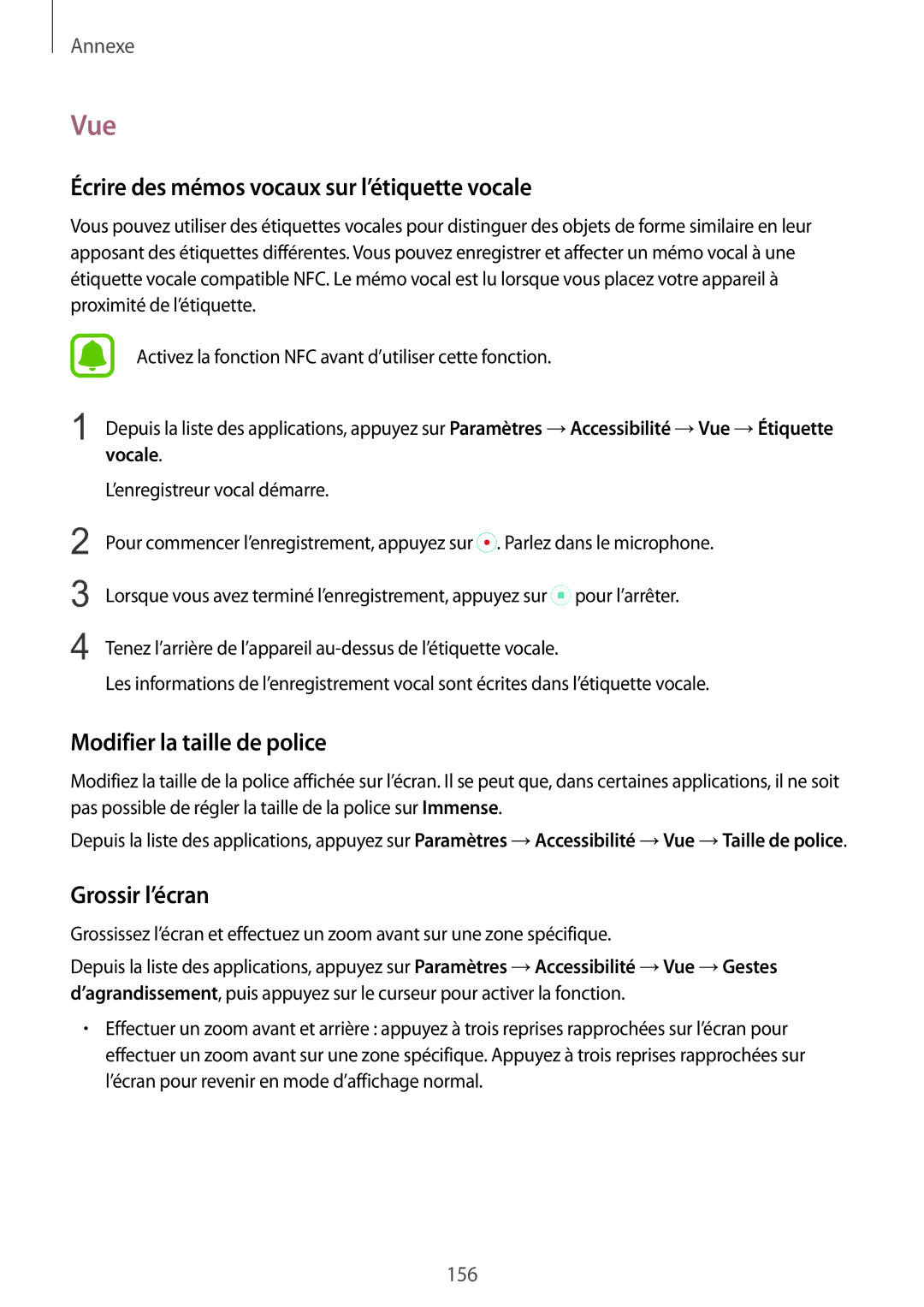 Samsung SM-G928FZDAXEF Vue, Écrire des mémos vocaux sur l’étiquette vocale, Modifier la taille de police, Grossir l’écran 