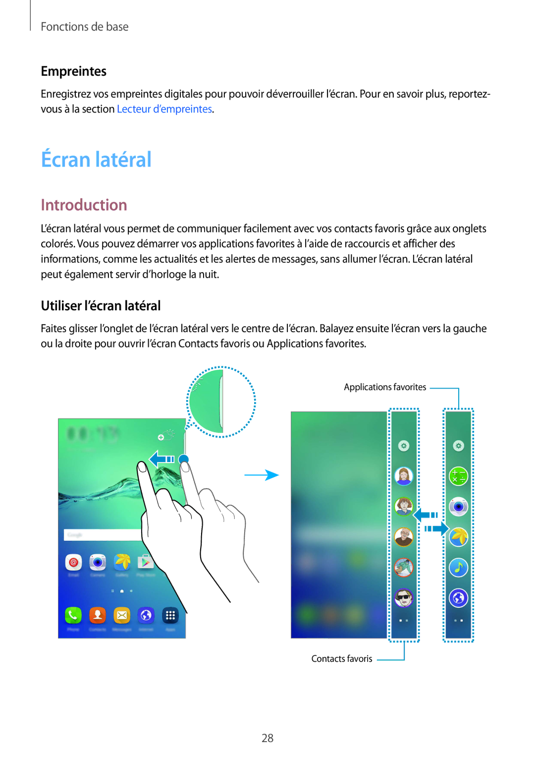 Samsung SM-G928FZDAXEF, SM-G928FZKAXEF manual Écran latéral, Introduction, Empreintes, Utiliser l’écran latéral 