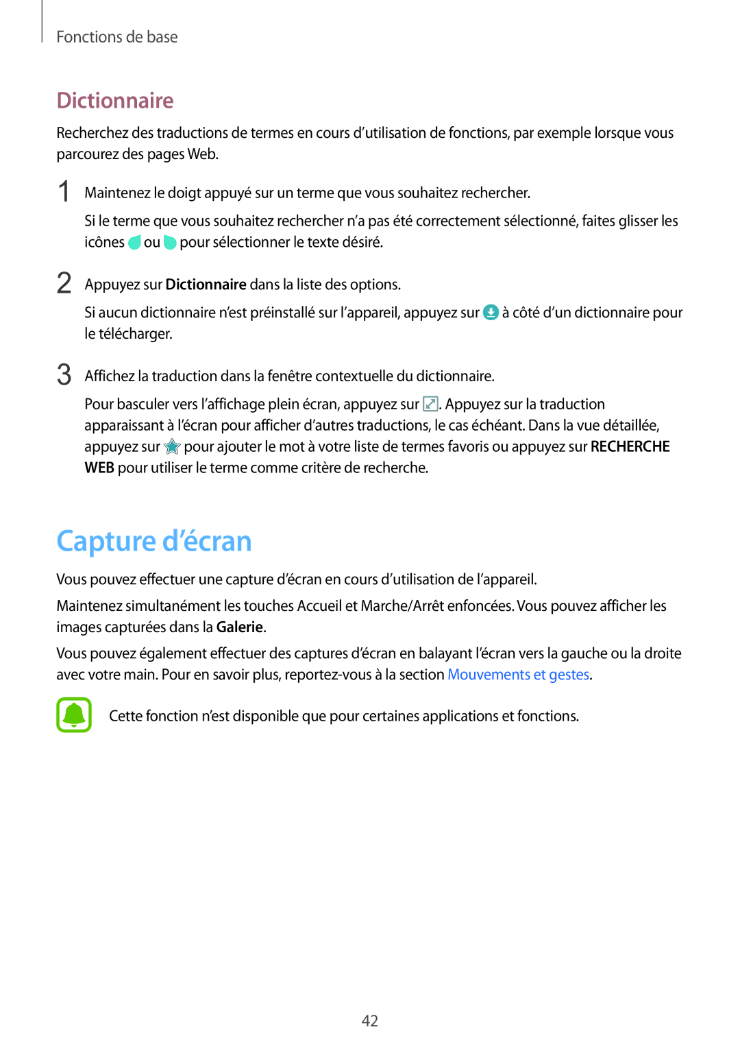 Samsung SM-G928FZDAXEF, SM-G928FZKAXEF manual Capture d’écran, Dictionnaire 