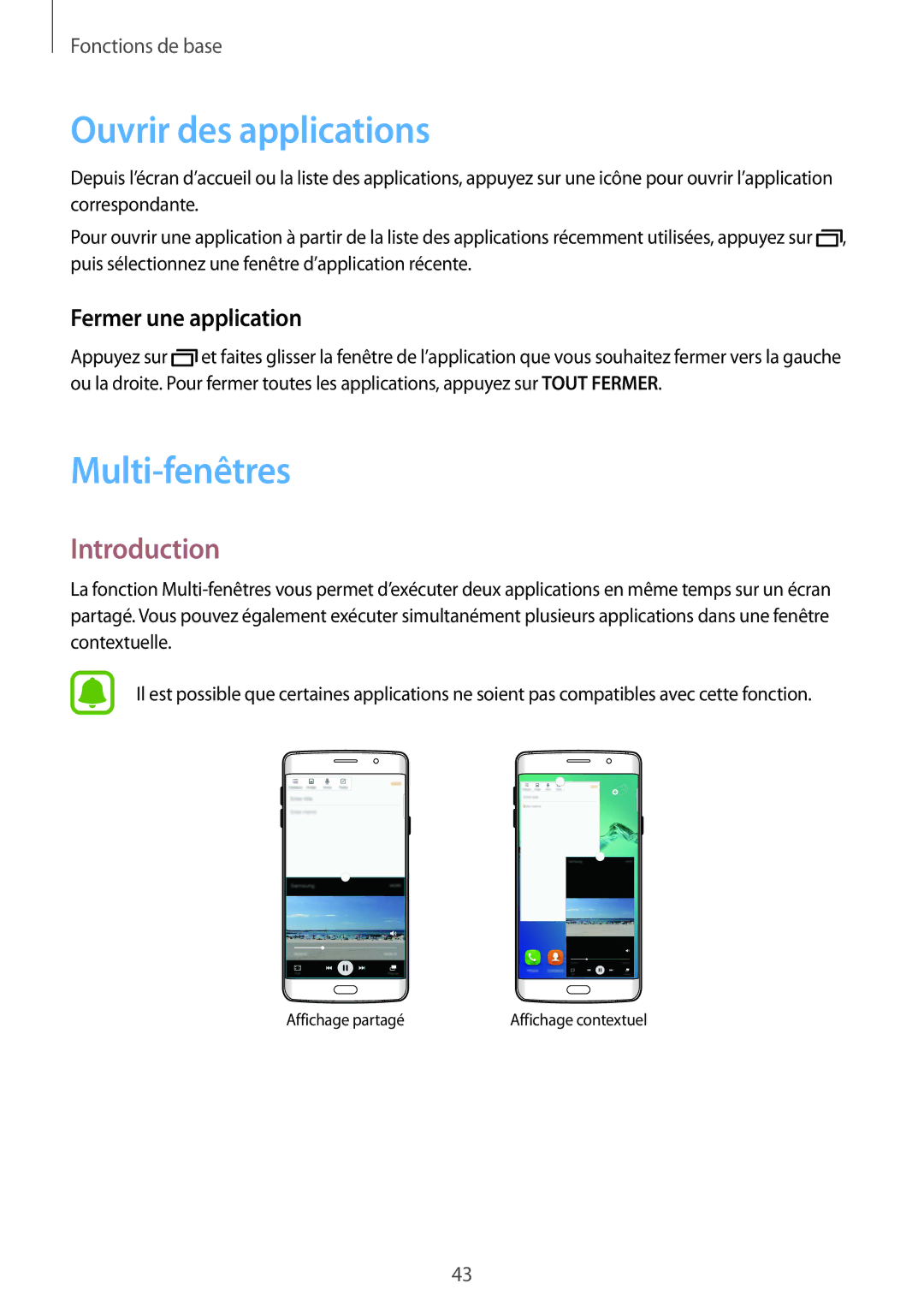 Samsung SM-G928FZKAXEF, SM-G928FZDAXEF manual Ouvrir des applications, Multi-fenêtres, Fermer une application 