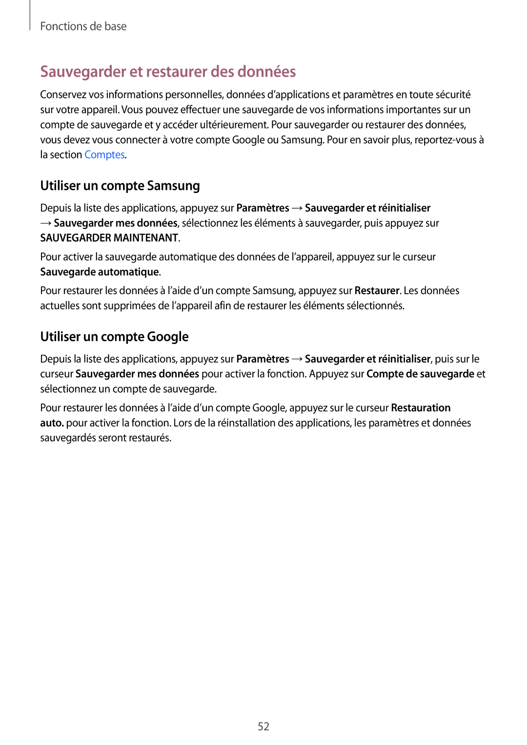 Samsung SM-G928FZDAXEF manual Sauvegarder et restaurer des données, Utiliser un compte Samsung, Utiliser un compte Google 