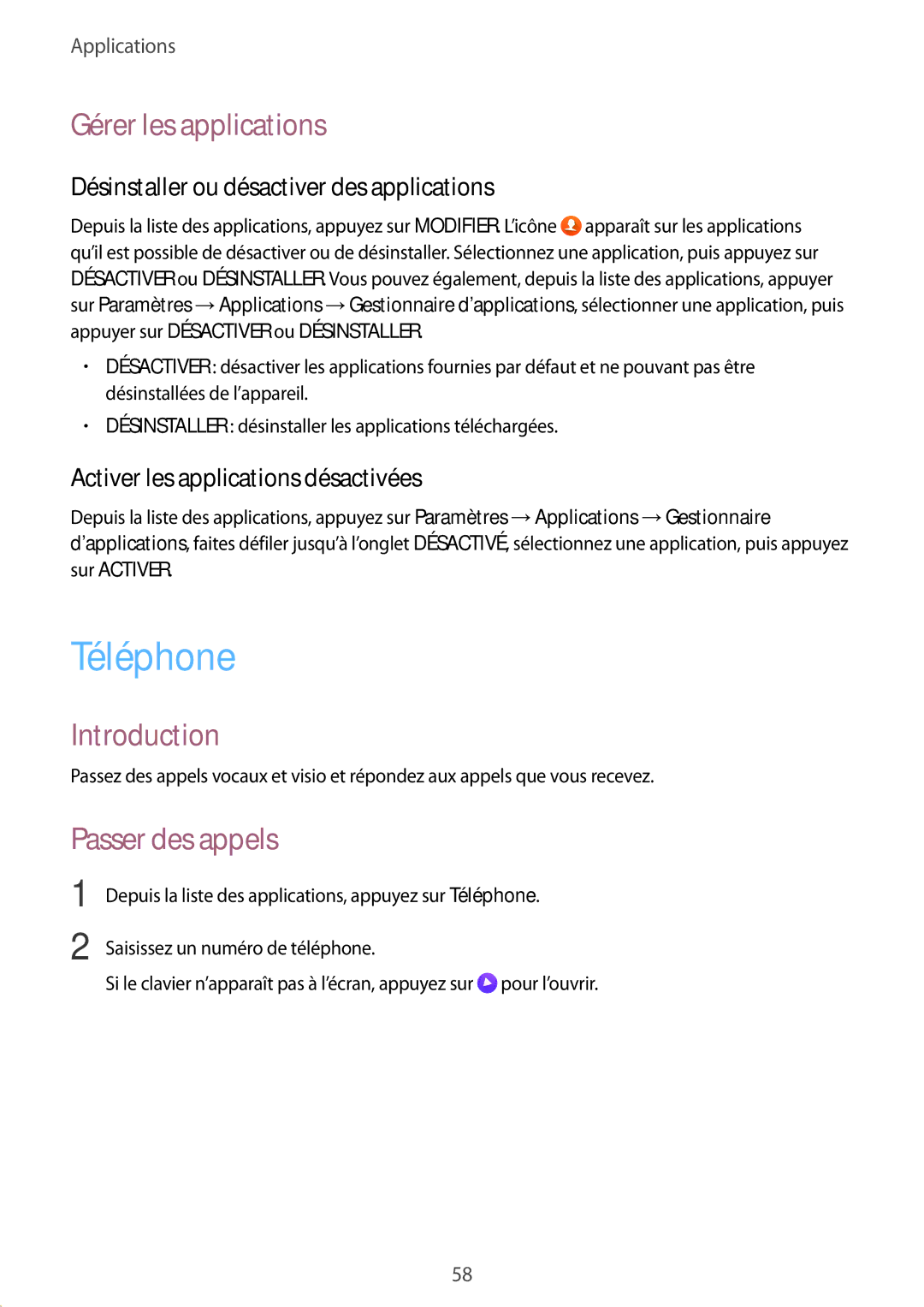 Samsung SM-G928FZDAXEF Téléphone, Gérer les applications, Passer des appels, Désinstaller ou désactiver des applications 