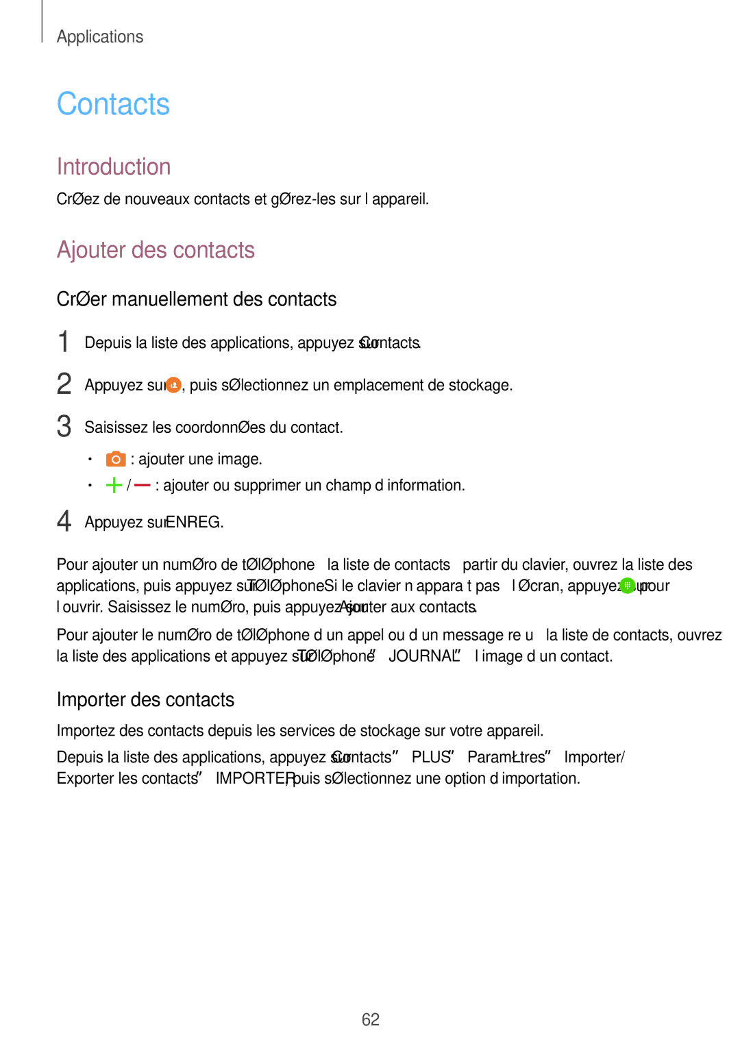 Samsung SM-G928FZDAXEF manual Contacts, Ajouter des contacts, Créer manuellement des contacts, Importer des contacts 