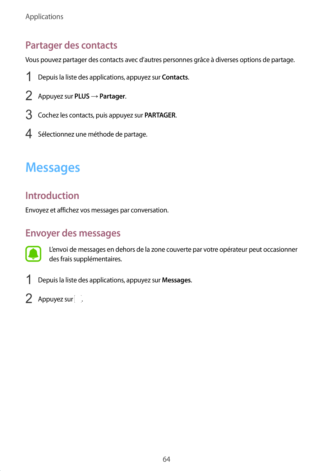 Samsung SM-G928FZDAXEF, SM-G928FZKAXEF manual Messages, Partager des contacts, Envoyer des messages 