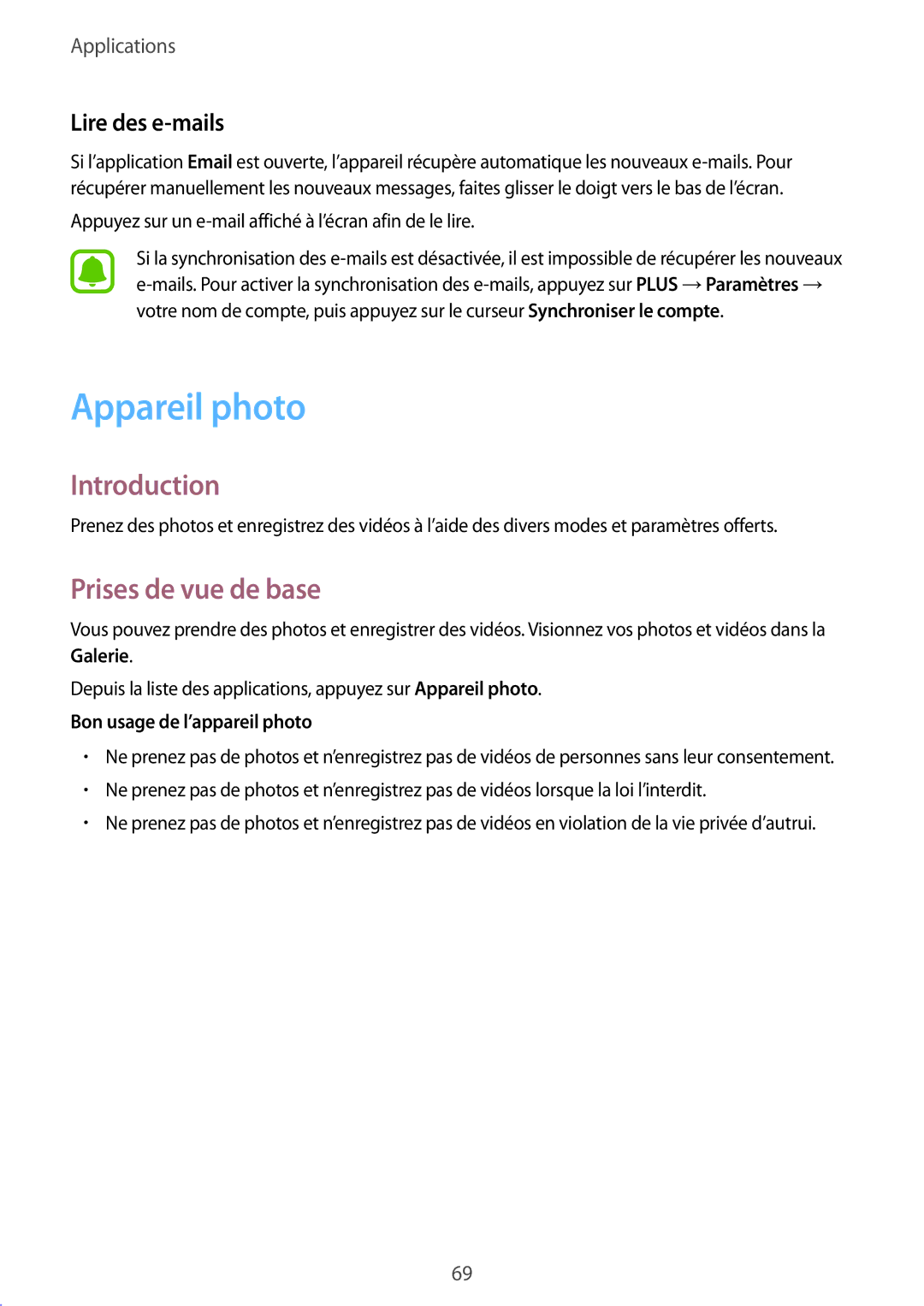 Samsung SM-G928FZKAXEF manual Appareil photo, Prises de vue de base, Lire des e-mails, Bon usage de l’appareil photo 