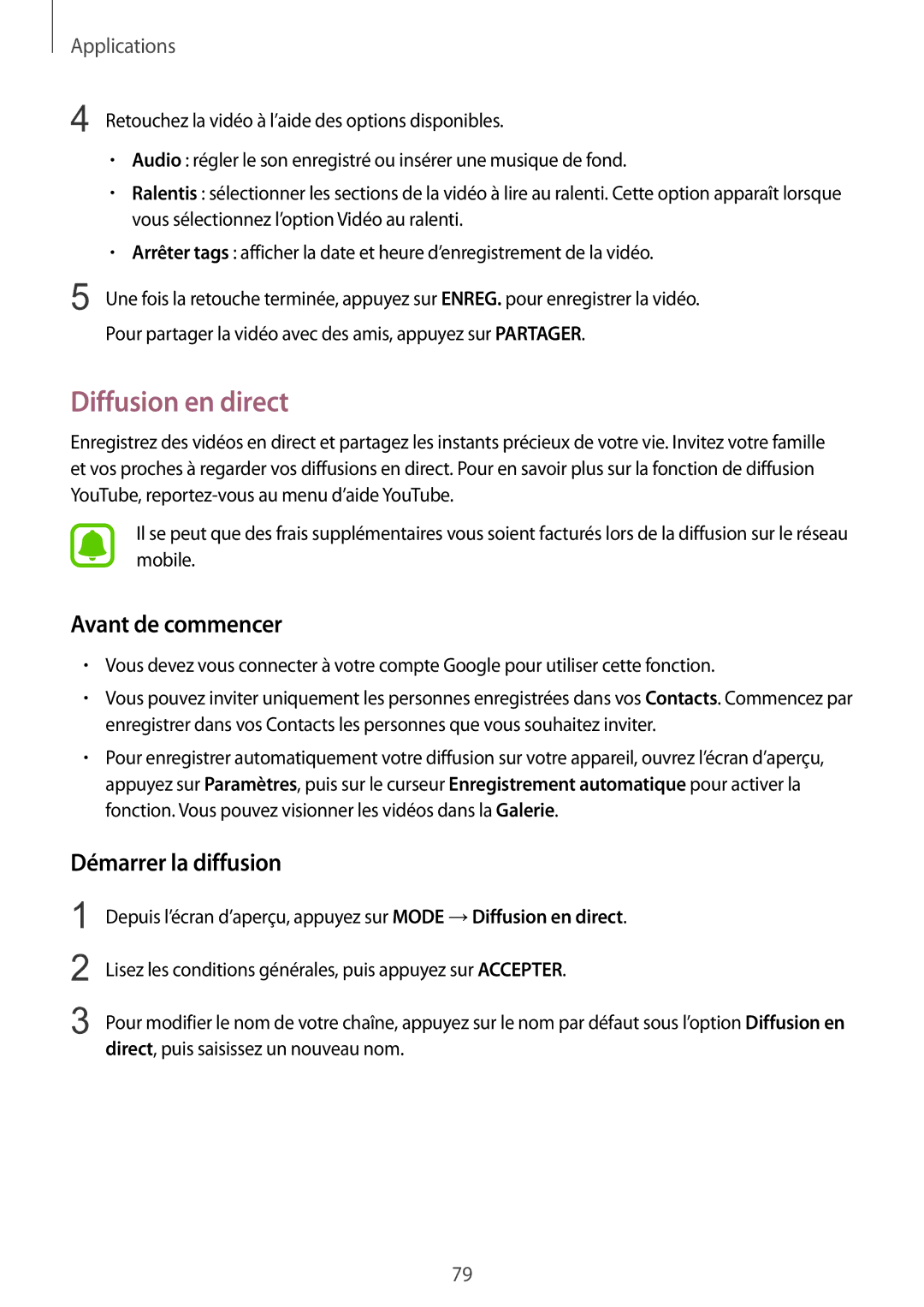 Samsung SM-G928FZKAXEF, SM-G928FZDAXEF manual Diffusion en direct, Avant de commencer, Démarrer la diffusion 