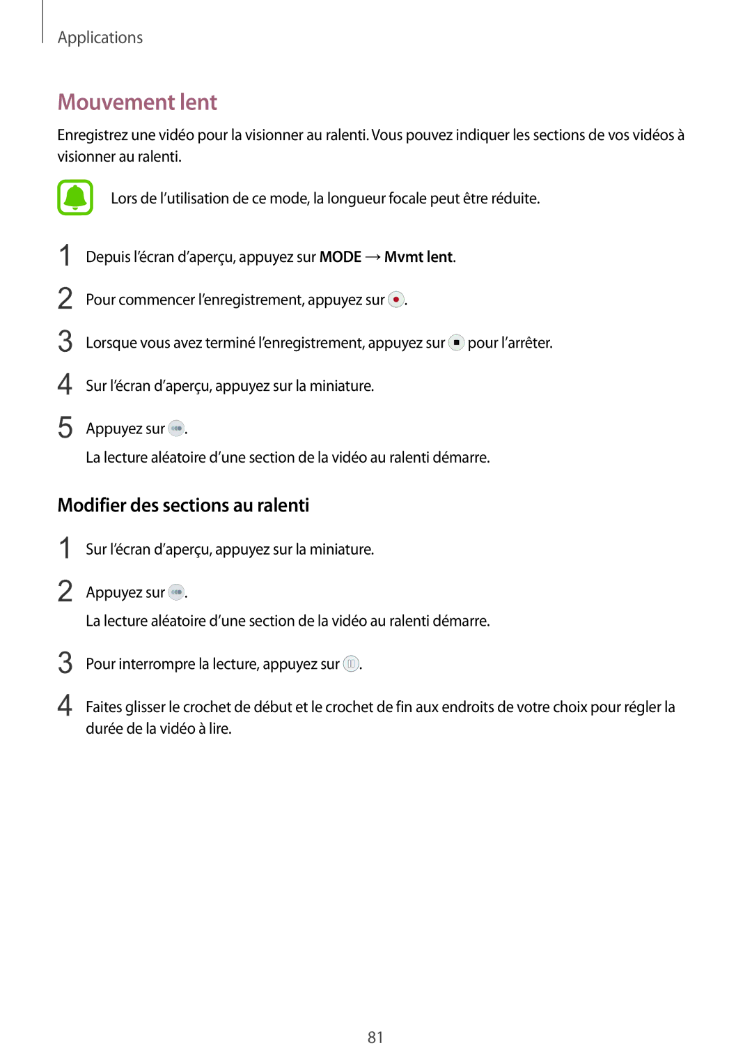 Samsung SM-G928FZKAXEF, SM-G928FZDAXEF manual Mouvement lent, Modifier des sections au ralenti 