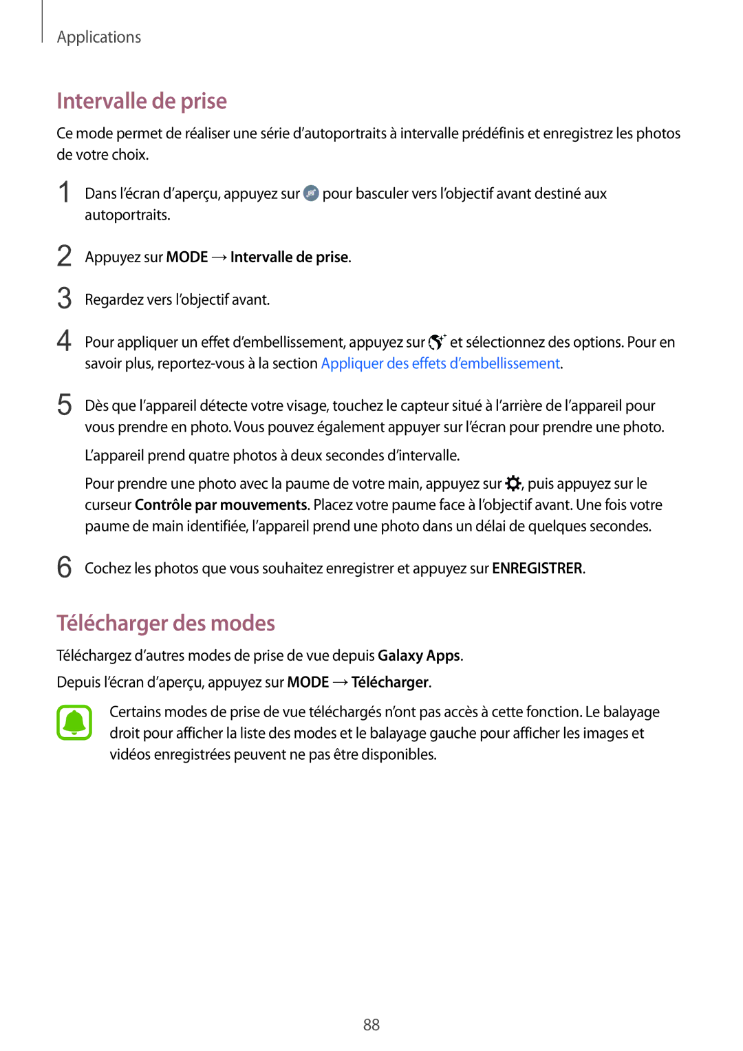 Samsung SM-G928FZDAXEF, SM-G928FZKAXEF manual Télécharger des modes, Appuyez sur Mode →Intervalle de prise 