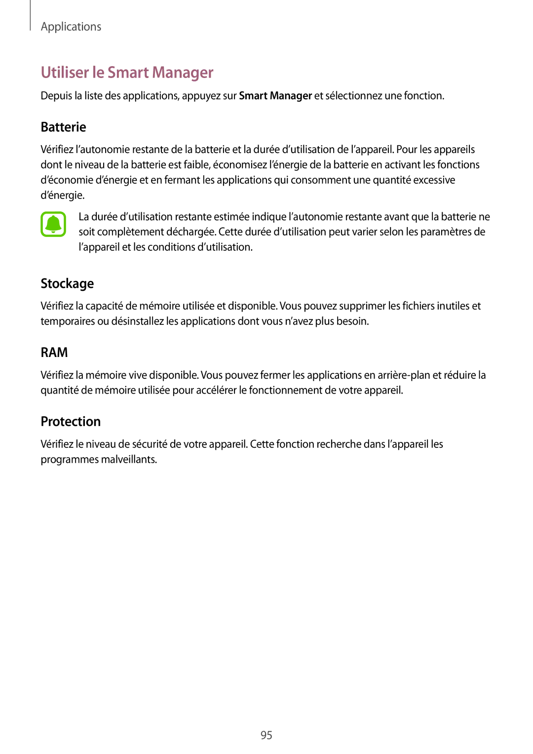 Samsung SM-G928FZKAXEF, SM-G928FZDAXEF manual Utiliser le Smart Manager, Batterie, Stockage, Protection 