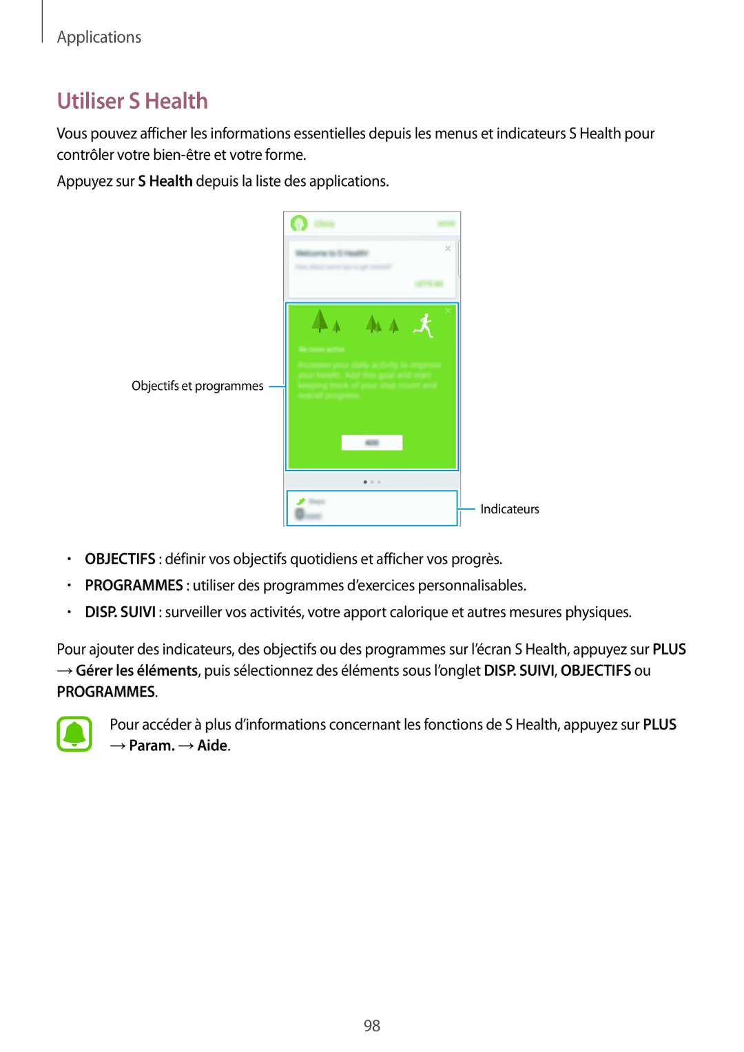 Samsung SM-G928FZDAXEF, SM-G928FZKAXEF manual Utiliser S Health, → Param. →Aide 