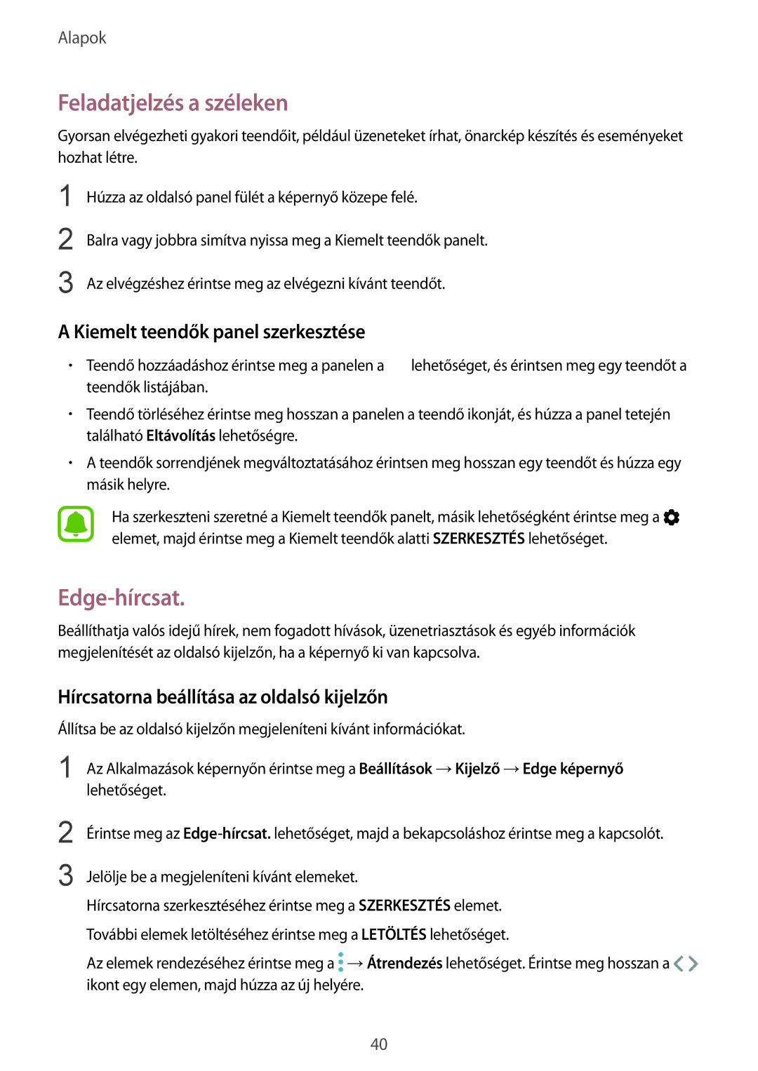 Samsung SM-G928FZKAXEH, SM-G928FZDAXEH manual Feladatjelzés a széleken, Edge-hírcsat, Kiemelt teendők panel szerkesztése 