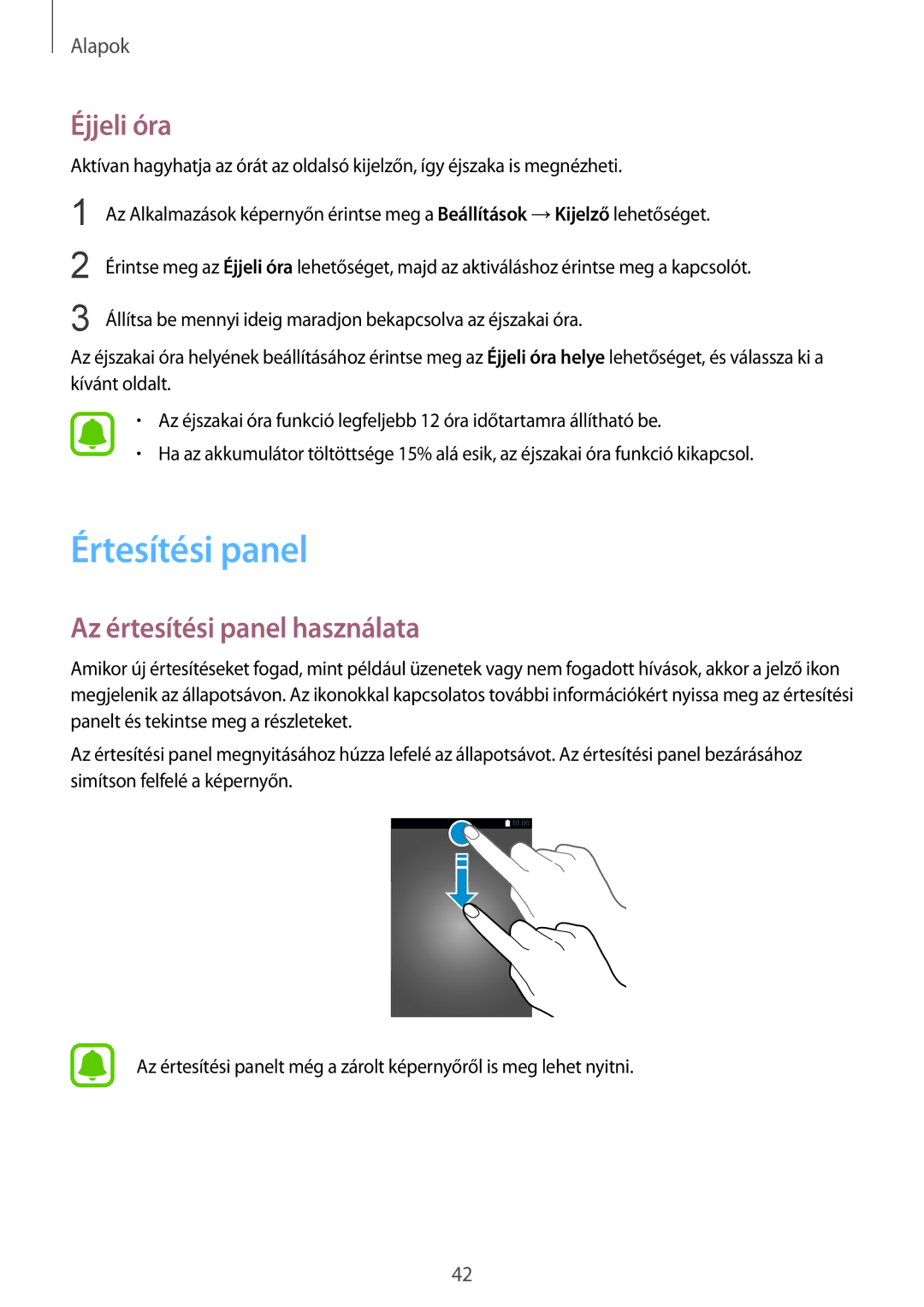 Samsung SM-G928FZDAXEH, SM-G928FZKAXEH, SM-G925FZWAXEH manual Értesítési panel, Éjjeli óra, Az értesítési panel használata 