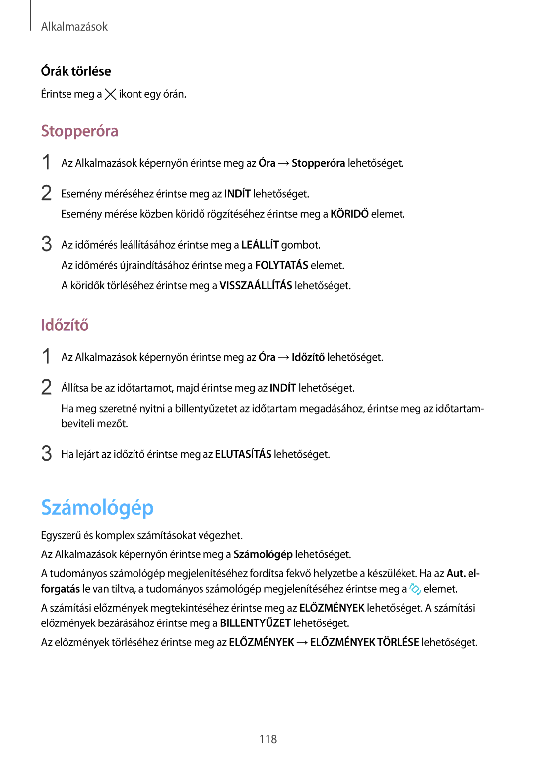 Samsung SM-G928FZDAXEH, SM-G928FZKAXEH manual Számológép, Stopperóra, Időzítő, Órák törlése 