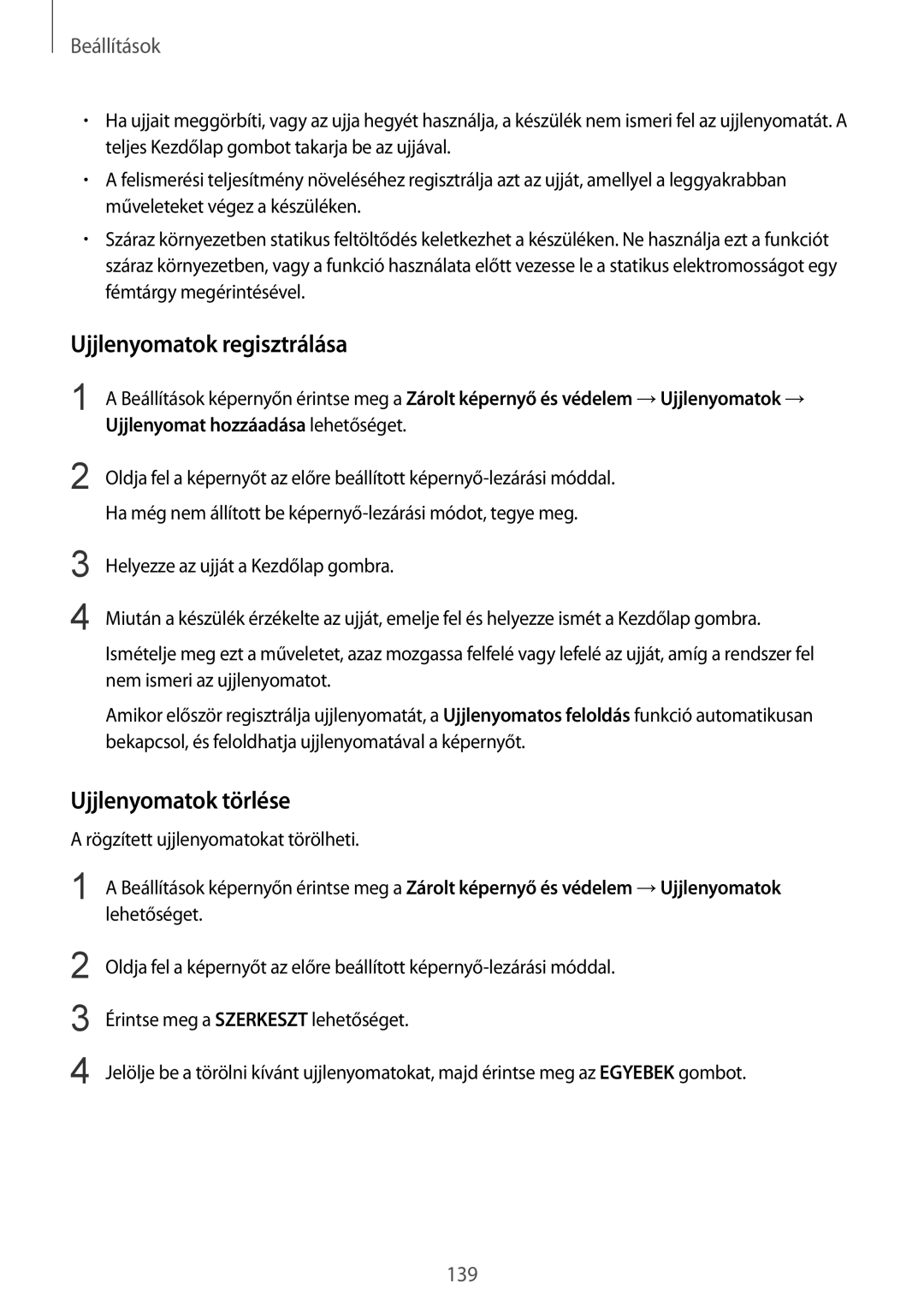 Samsung SM-G928FZKAXEH, SM-G928FZDAXEH manual Ujjlenyomatok regisztrálása, Ujjlenyomatok törlése 