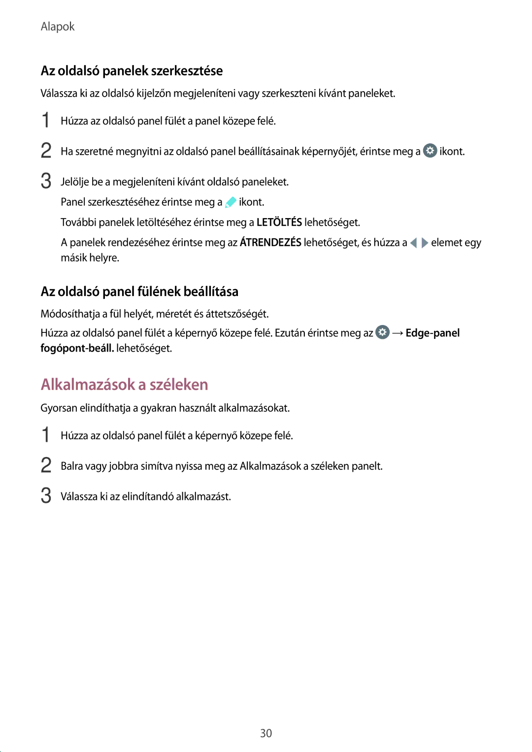 Samsung SM-G928FZDAXEH manual Alkalmazások a széleken, Az oldalsó panelek szerkesztése, Az oldalsó panel fülének beállítása 