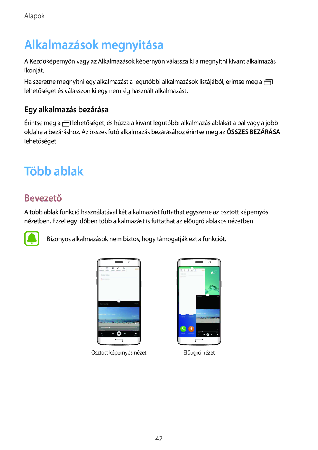 Samsung SM-G928FZDAXEH, SM-G928FZKAXEH manual Alkalmazások megnyitása, Több ablak, Egy alkalmazás bezárása 