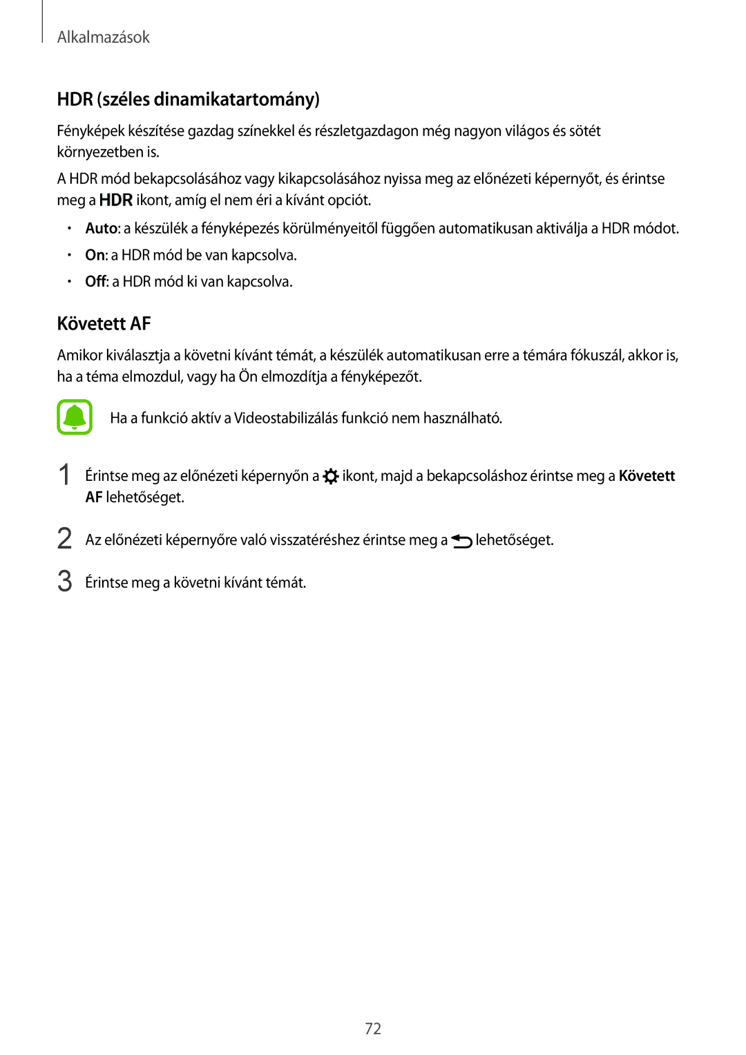 Samsung SM-G928FZDAXEH, SM-G928FZKAXEH manual HDR széles dinamikatartomány, Követett AF 