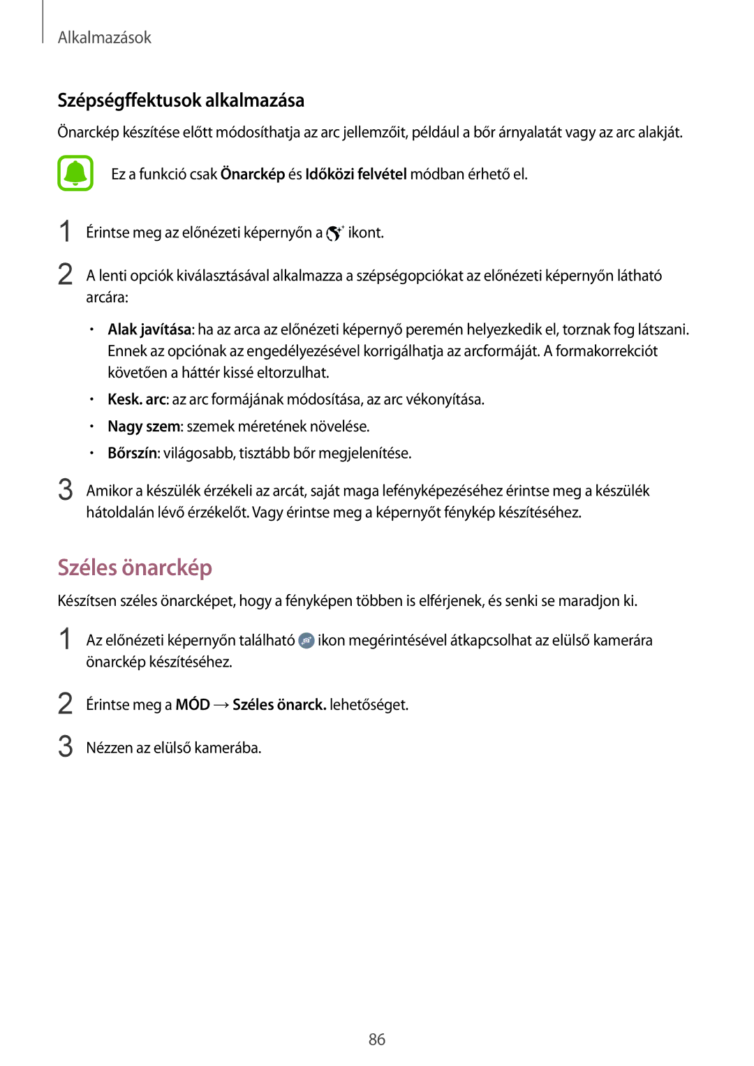 Samsung SM-G928FZDAXEH, SM-G928FZKAXEH manual Széles önarckép, Szépségffektusok alkalmazása 