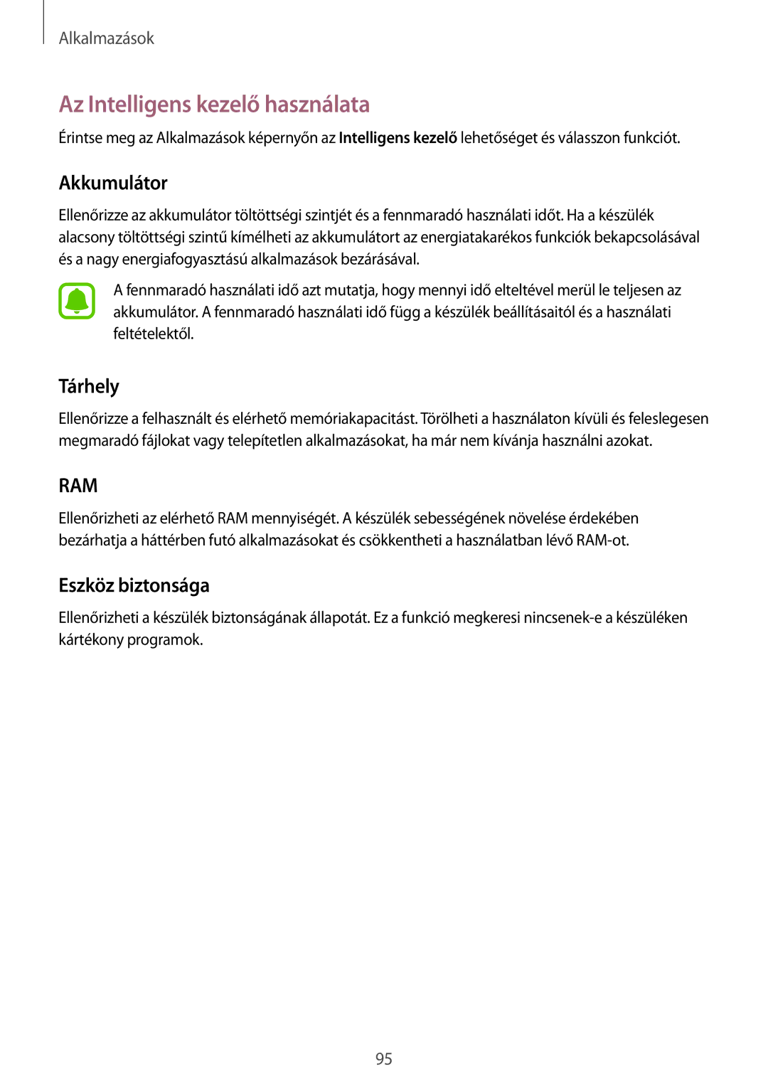 Samsung SM-G928FZKAXEH, SM-G928FZDAXEH manual Az Intelligens kezelő használata, Akkumulátor, Tárhely, Eszköz biztonsága 