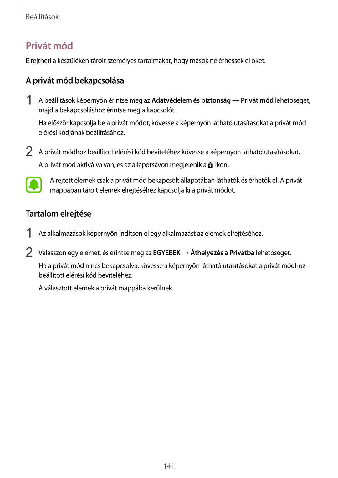 Samsung SM-G928FZKAXEH, SM-G928FZDAXEH manual Privát mód bekapcsolása, Tartalom elrejtése 