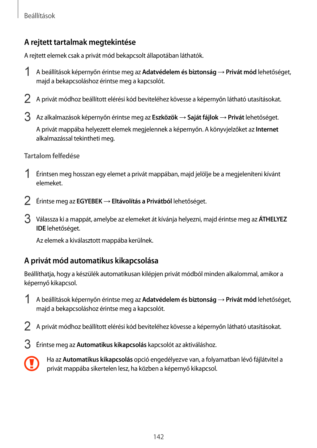 Samsung SM-G928FZDAXEH, SM-G928FZKAXEH manual Rejtett tartalmak megtekintése, Privát mód automatikus kikapcsolása 