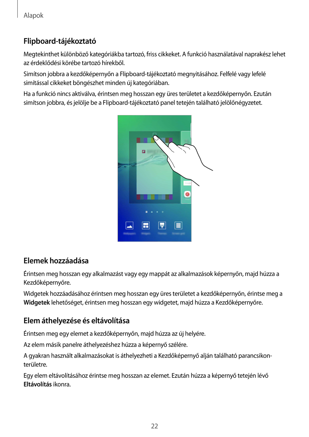 Samsung SM-G928FZDAXEH, SM-G928FZKAXEH manual Flipboard-tájékoztató, Elemek hozzáadása, Elem áthelyezése és eltávolítása 