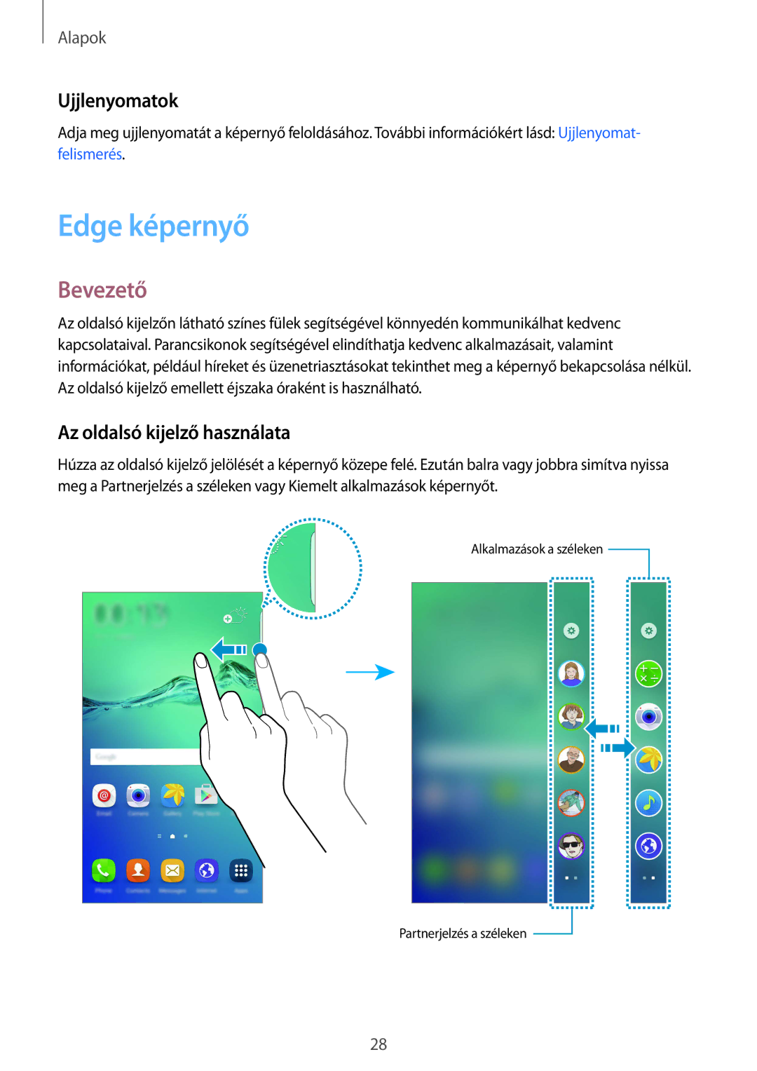 Samsung SM-G928FZDAXEH, SM-G928FZKAXEH manual Edge képernyő, Bevezető, Ujjlenyomatok, Az oldalsó kijelző használata 