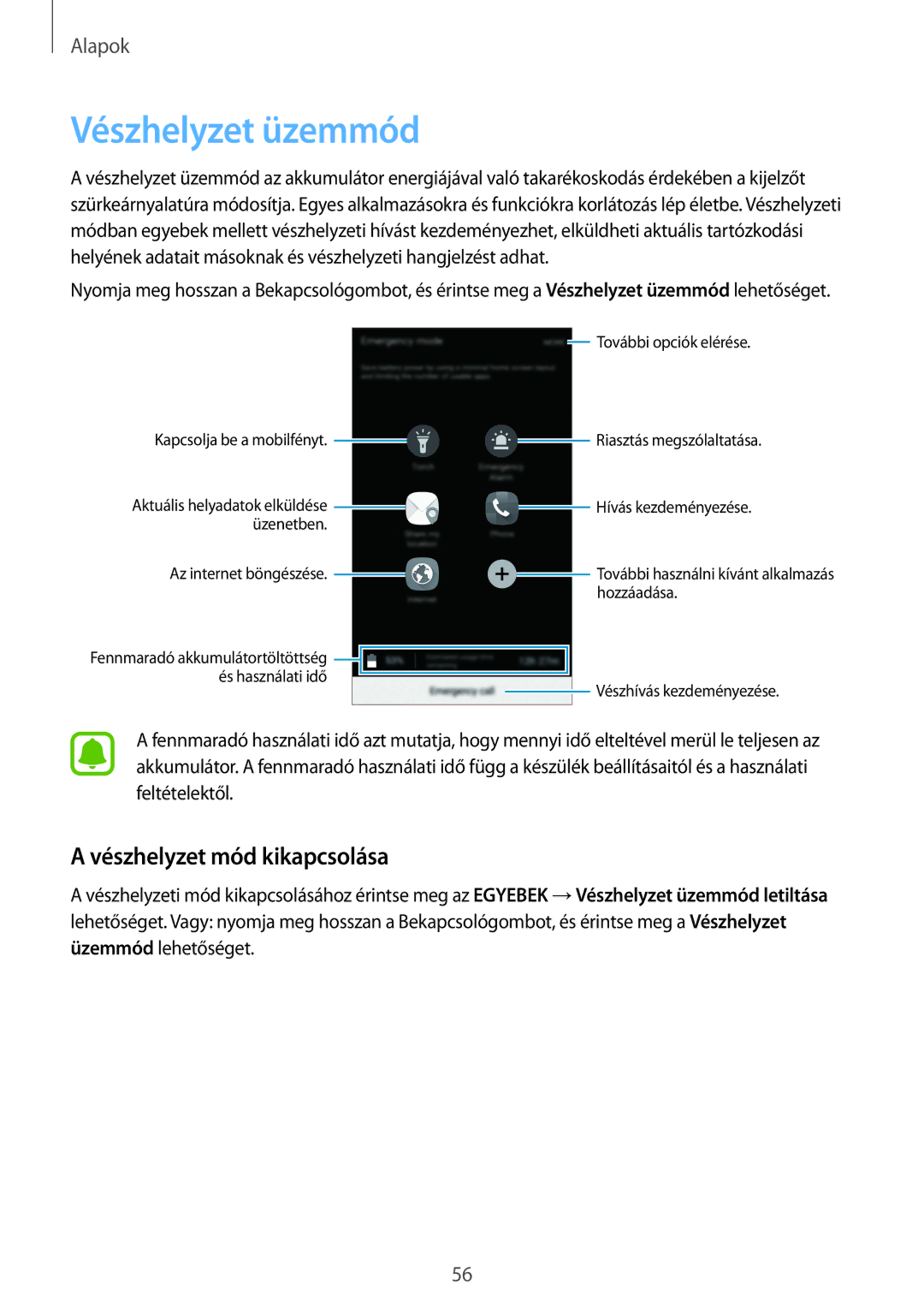 Samsung SM-G928FZDAXEH, SM-G928FZKAXEH manual Vészhelyzet üzemmód, Vészhelyzet mód kikapcsolása 