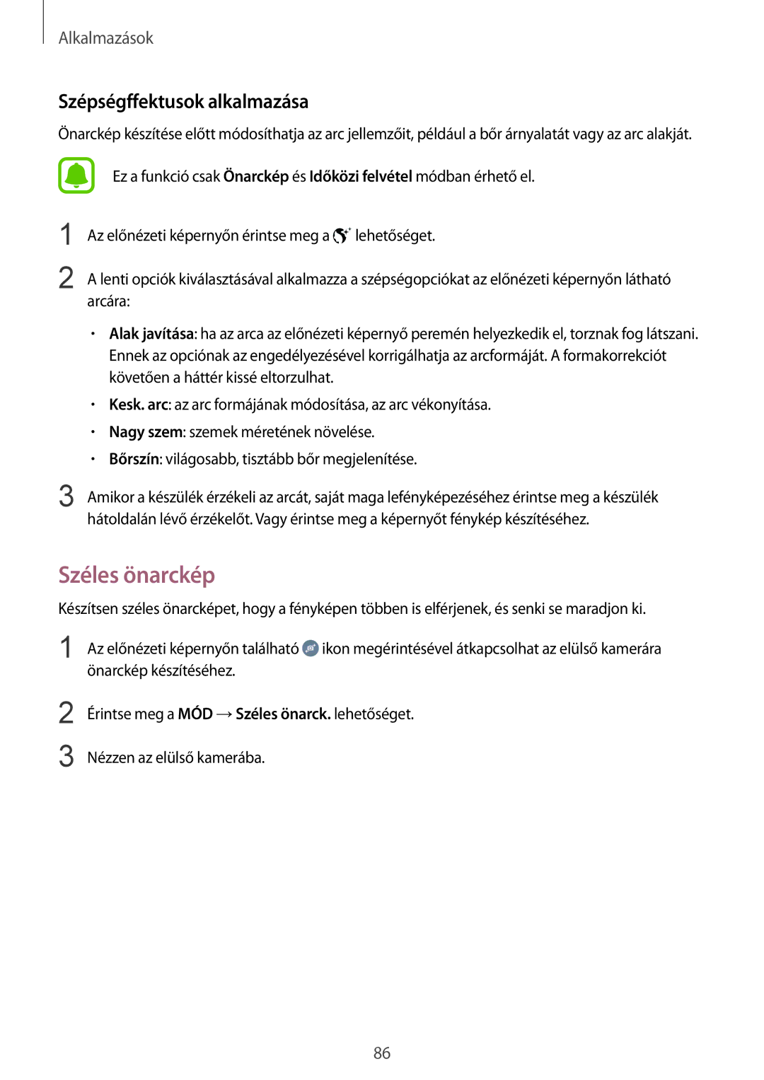 Samsung SM-G928FZDAXEH, SM-G928FZKAXEH manual Széles önarckép, Szépségffektusok alkalmazása 