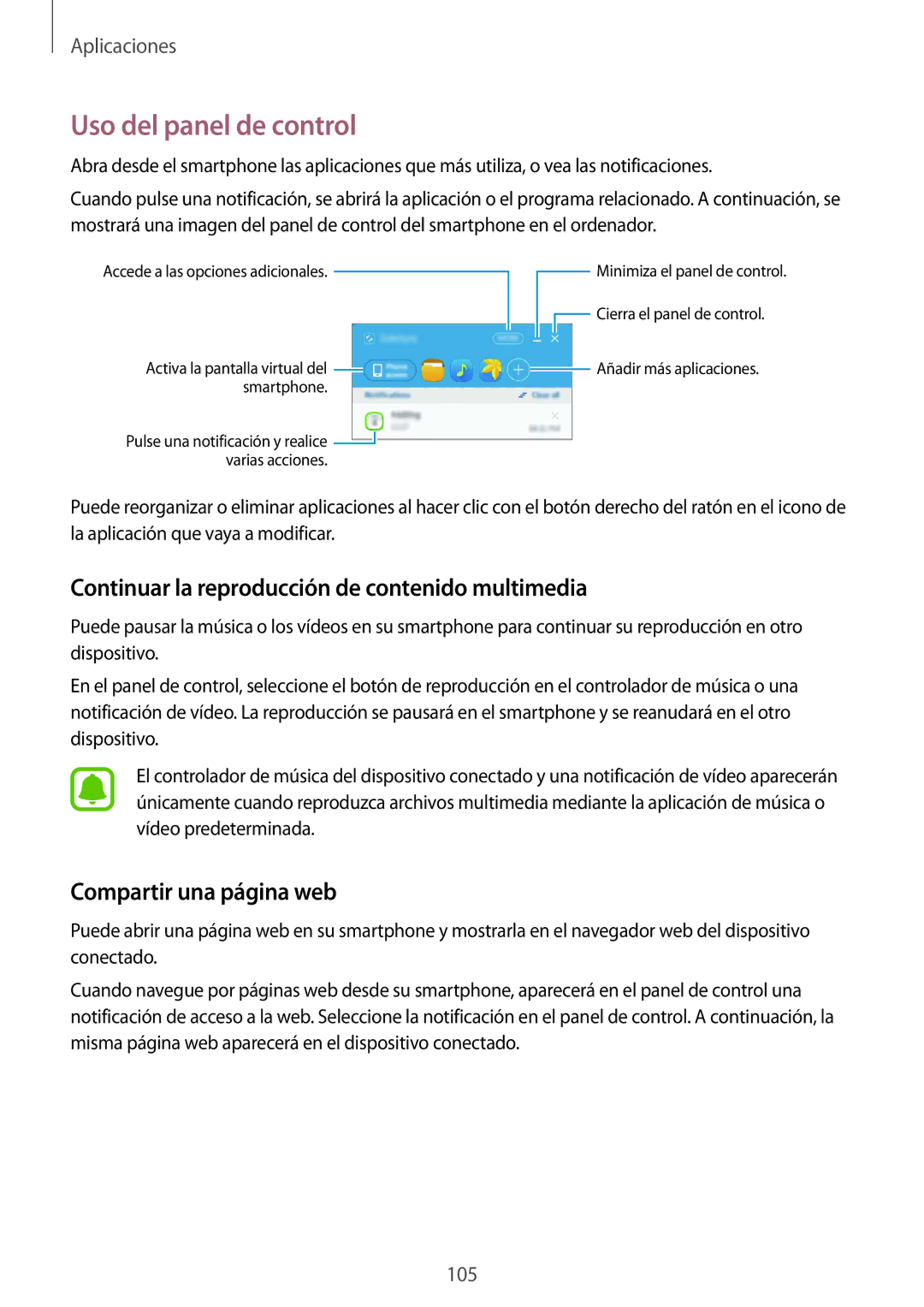 Samsung SM-G928FZDEPHE, SM-G928FZKEPHE manual Uso del panel de control, Continuar la reproducción de contenido multimedia 