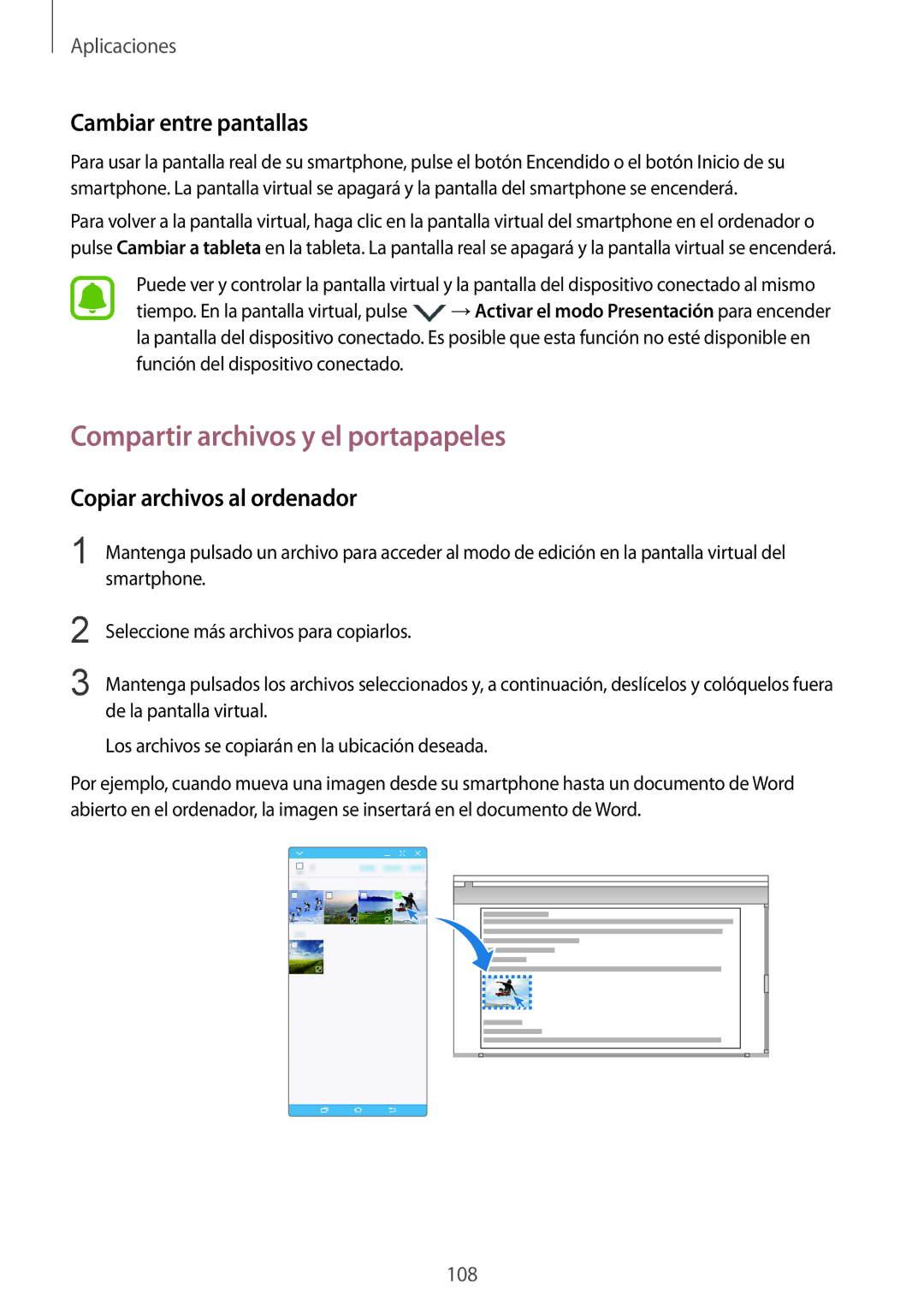 Samsung SM-G928FZSAPHE manual Compartir archivos y el portapapeles, Cambiar entre pantallas, Copiar archivos al ordenador 