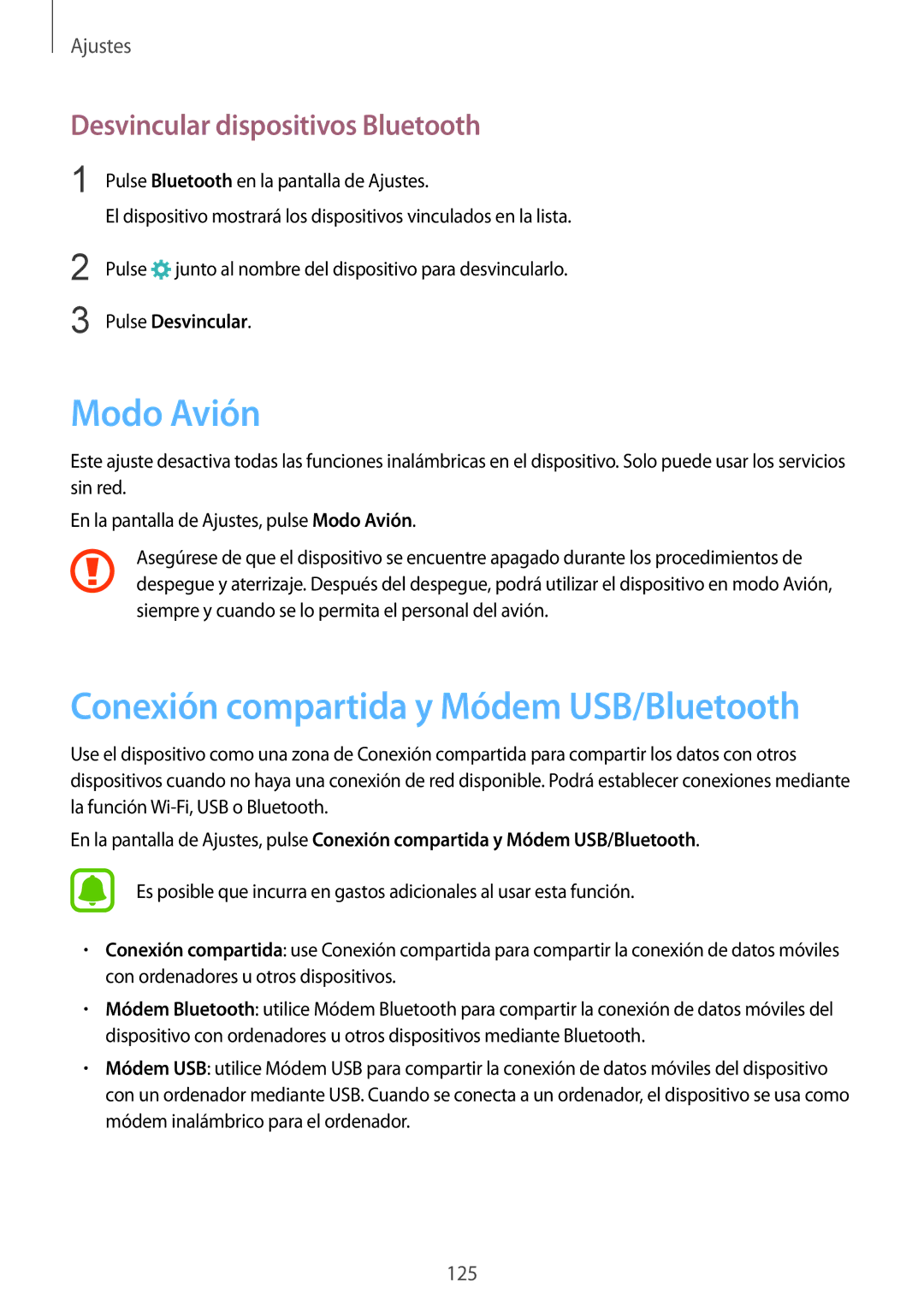 Samsung SM-G928FZDEPHE manual Modo Avión, Conexión compartida y Módem USB/Bluetooth, Desvincular dispositivos Bluetooth 